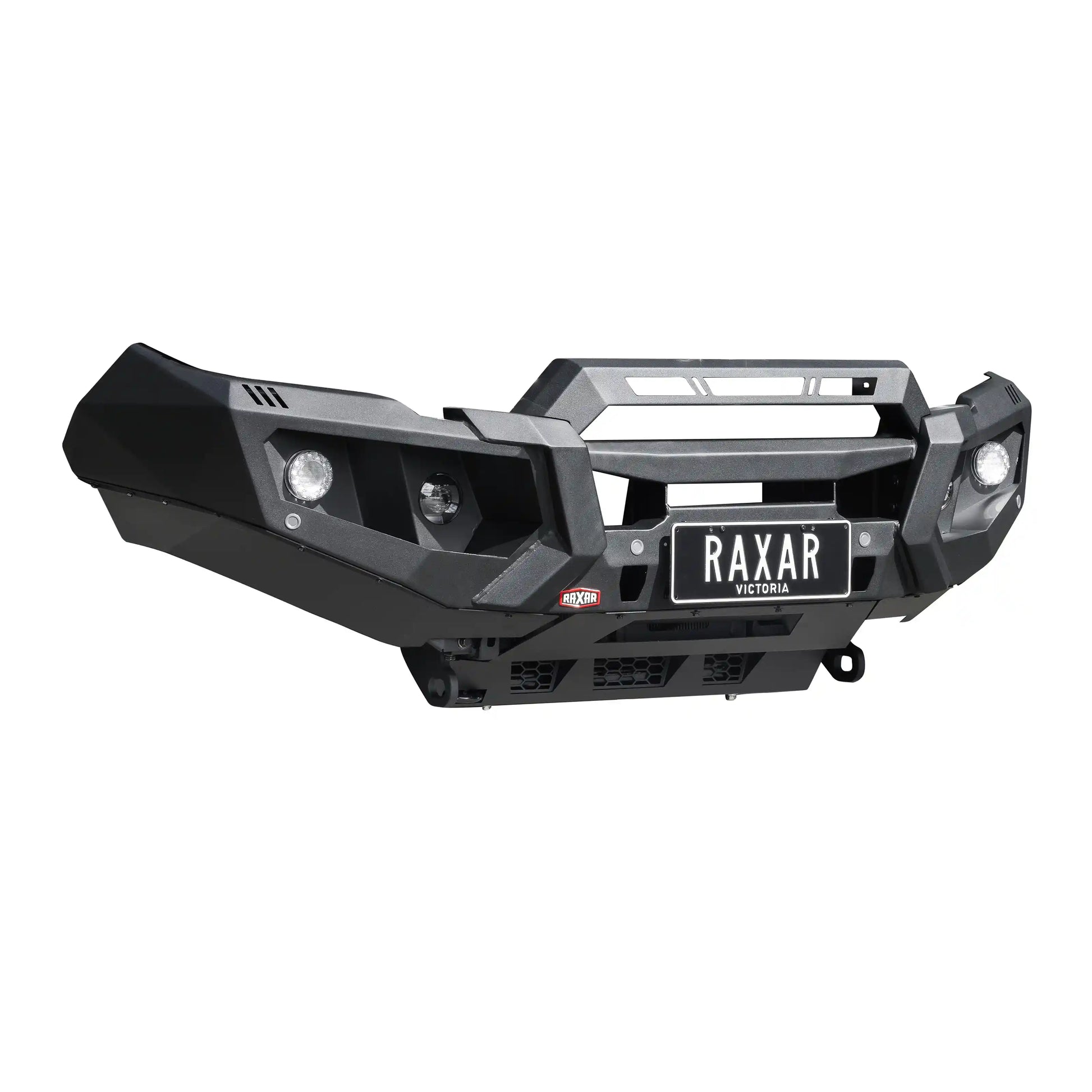 mazda bt50 no looped raxar bull bar product left side view showcasing driving light provisions high lift jack points and airflow enhancing split pan design engineered with strength and safety in mind this 4wd accessory ensures durability performance and premium styling for australian offroad drivers available from elevated 4x4