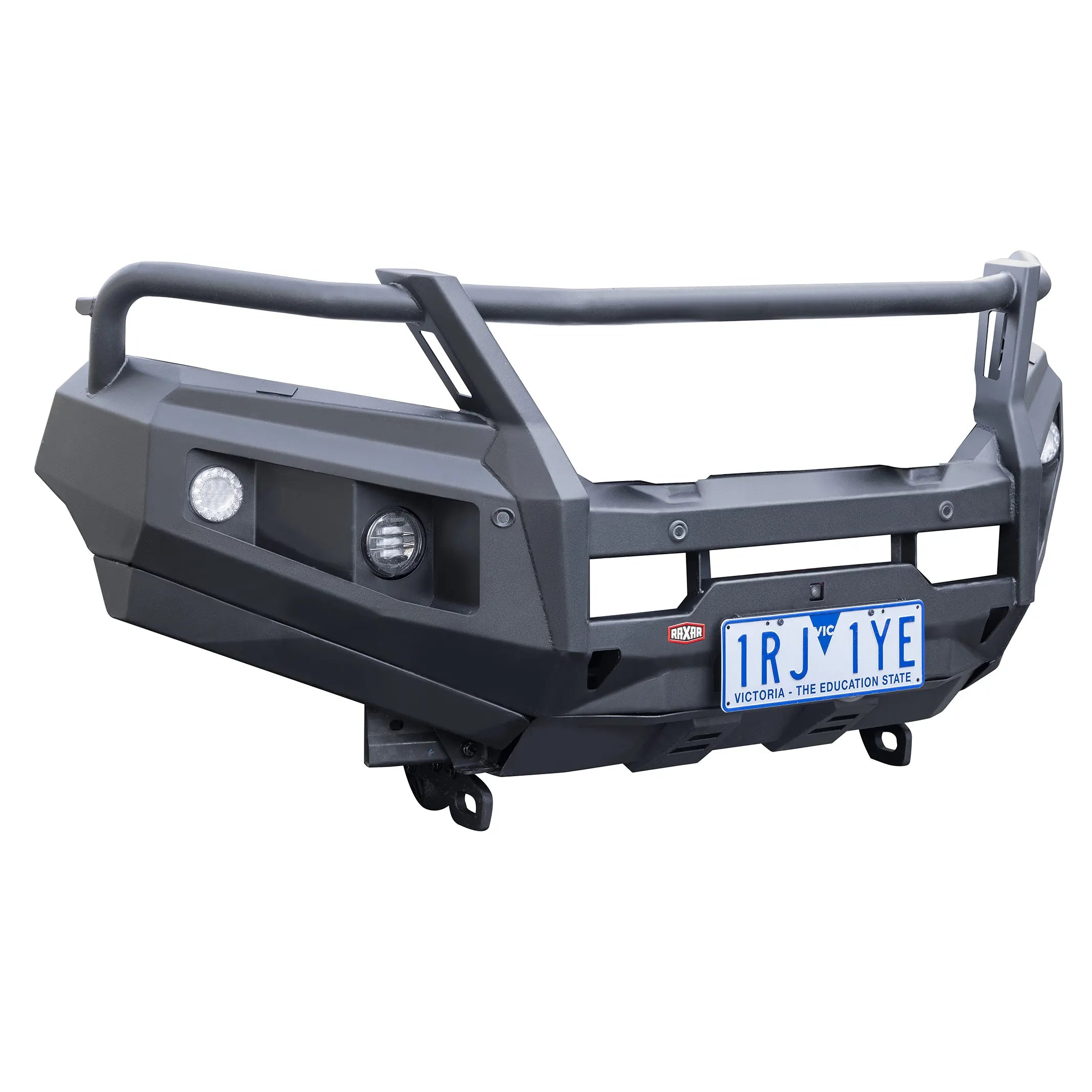 left angle product view of raxar loop design bull bar for mitsubishi pajero sport showcasing rugged construction adr compliance and factory sensor compatibility delivering strength reliability and premium offroad style available at elevated 4x4