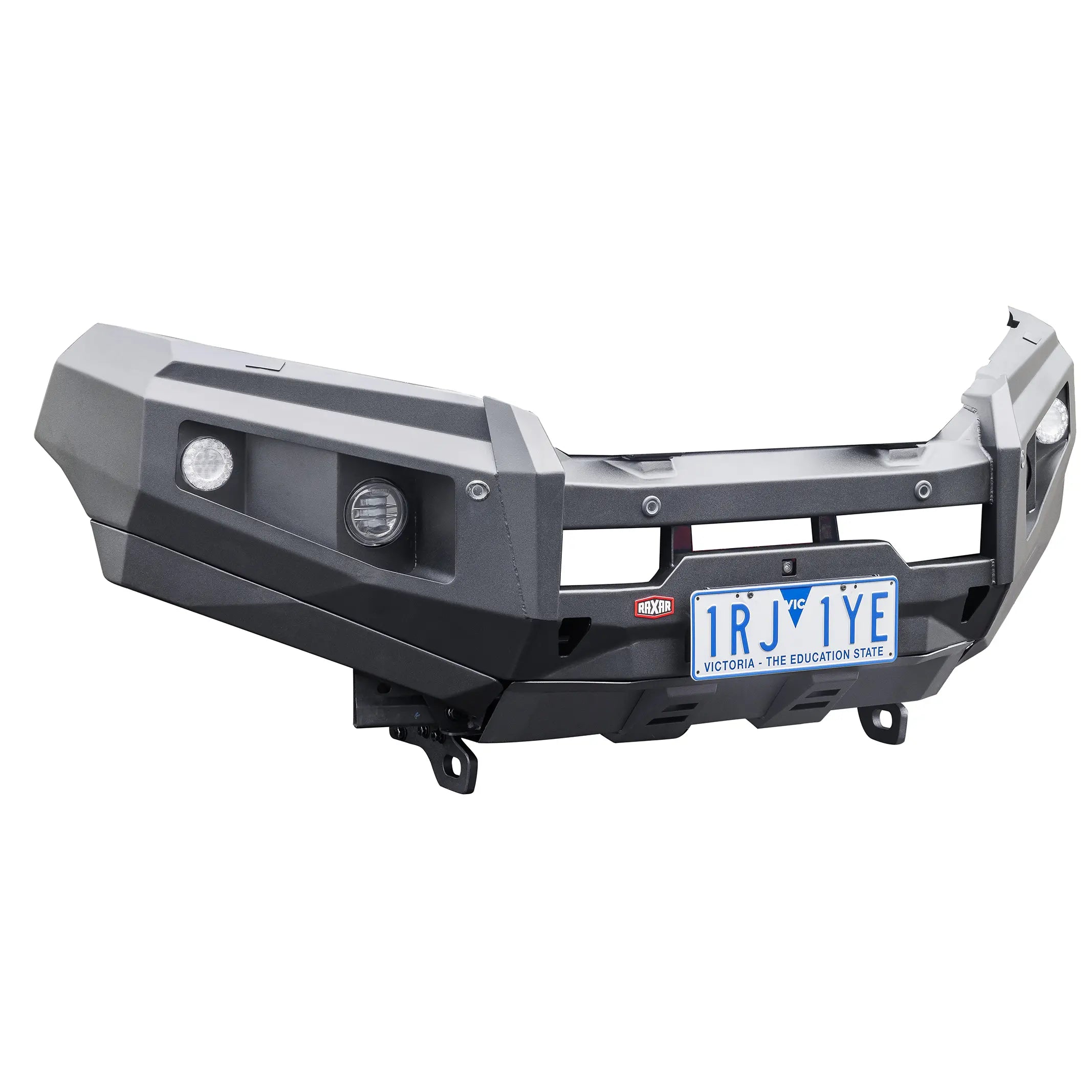 left angle product view of raxar no loop design bull bar for mitsubishi pajero sport showcasing adr compliance recovery points and sensor compatibility combining strength and style for touring adventures distributed by elevated 4x4