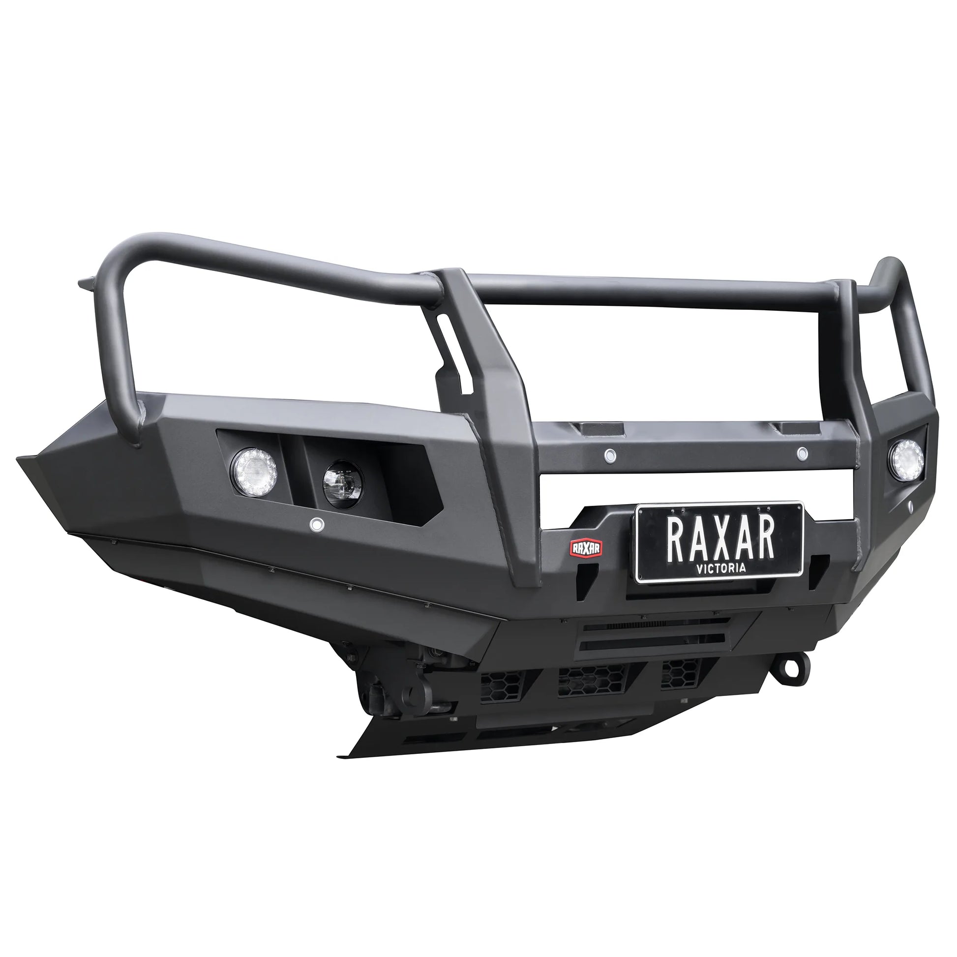 Left angle product view of the RAXAR OF looped bull bar to suit Mitsubishi Pajero Sport QF, highlighting inner wing braces, high-lift jacking points, and robust e-coated finish. Engineered for reliability and toughness, distributed nationwide by Elevated 4x4.