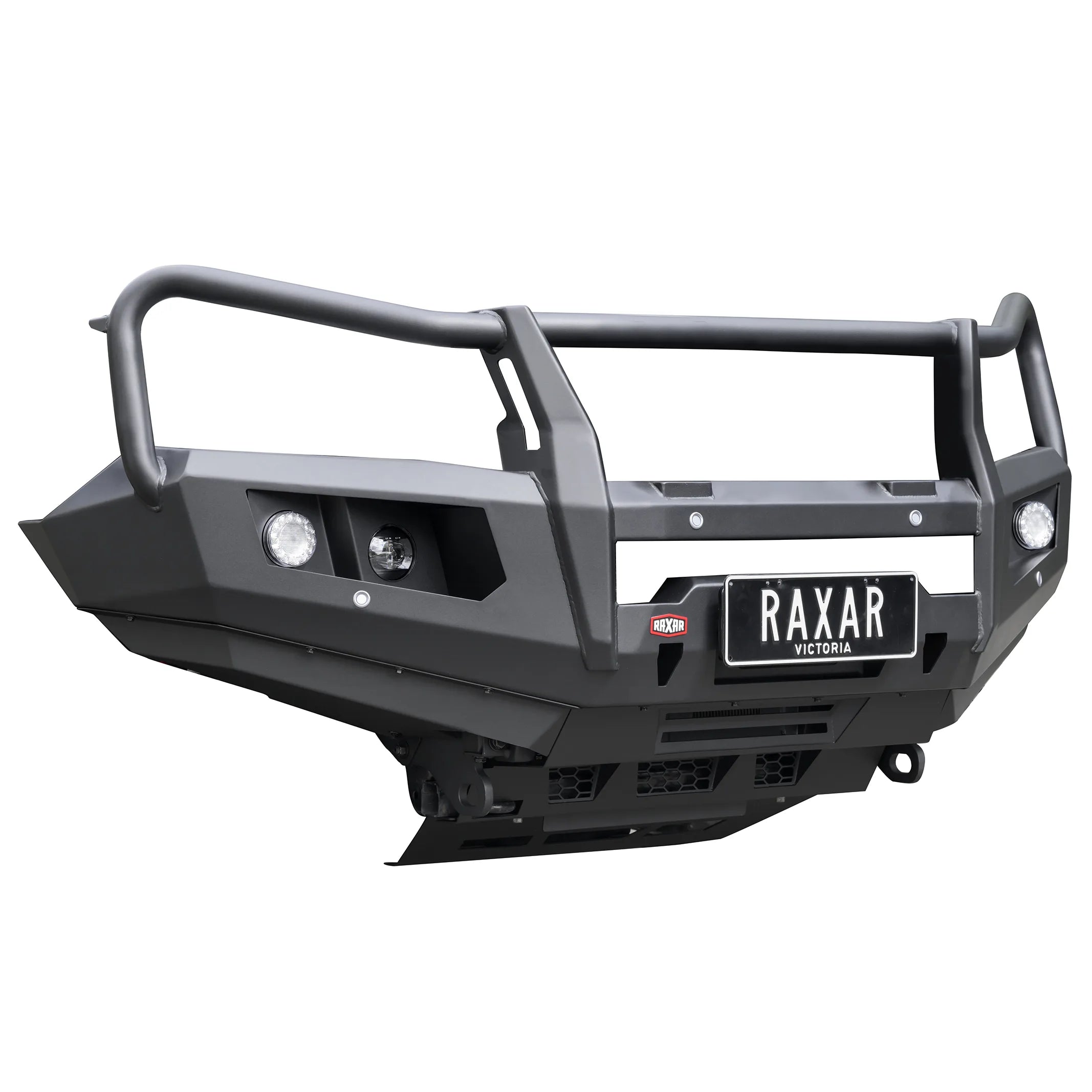 Left angle product view of the RAXAR OF looped bull bar to suit Mitsubishi Pajero Sport QF, highlighting inner wing braces, high-lift jacking points, and robust e-coated finish. Engineered for reliability and toughness, distributed nationwide by Elevated 4x4.