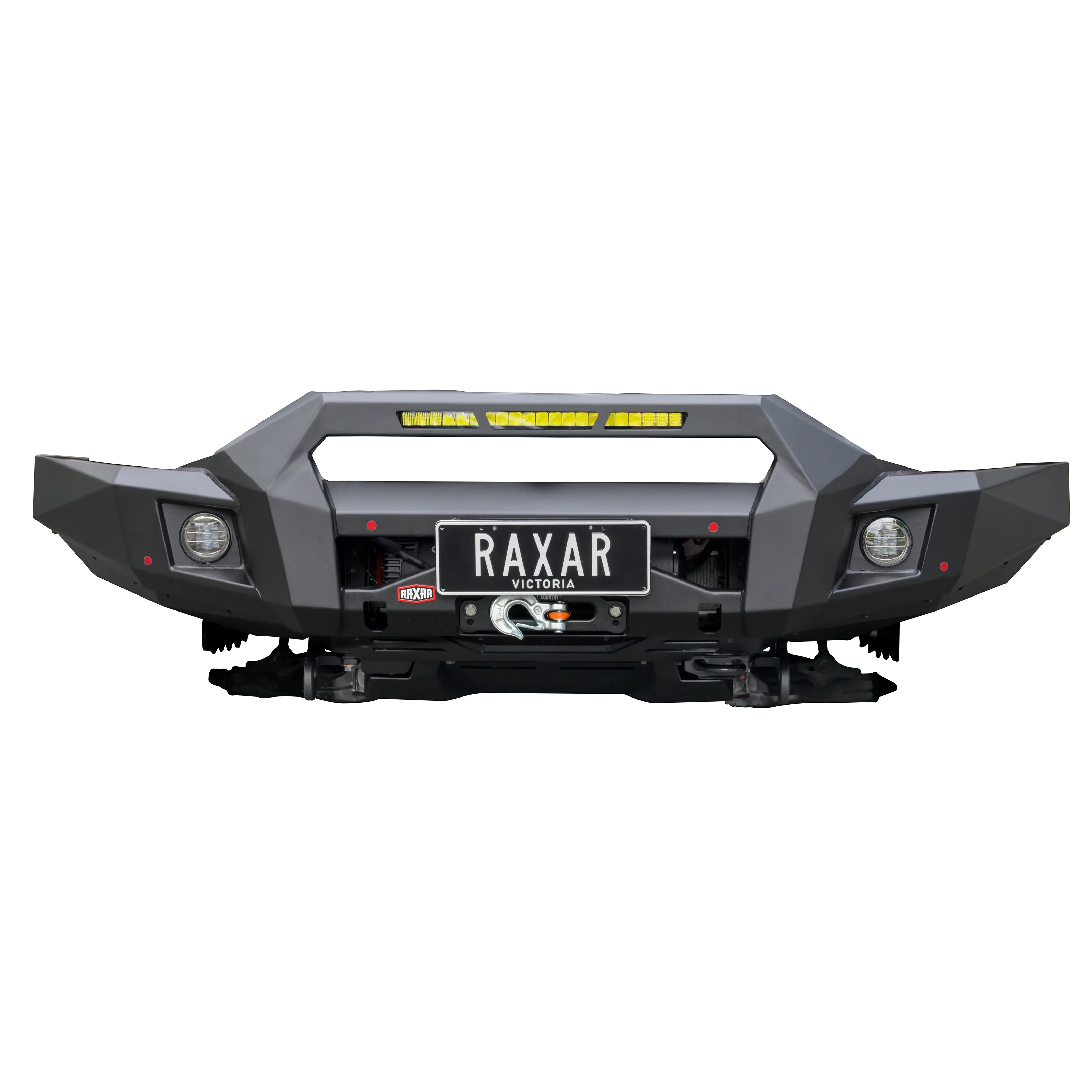 Product front of RAXAR Bumper Bar for GWM Cannon Alpha, ADR compliant bumper cut design with integrated fog lights, winch ready and matte black finish.