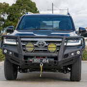 The Toyota LandCruiser 300 front-installed looped bull bar from Elevated 4x4 delivers tough off-road protection and a bold matte black finish. With winch compatibility, recovery points, and ADR compliance, this RAXAR bull bar is built for Australian 4WD conditions and provides unmatched safety and performance.