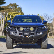 raxar looped bull bar fitted to mazda bt50 2025 front view showcasing adr compliance bumper replacement design recovery points and rugged matte black powder coated finish designed for safety style and full offroad protection available nationwide from elevated 4x4