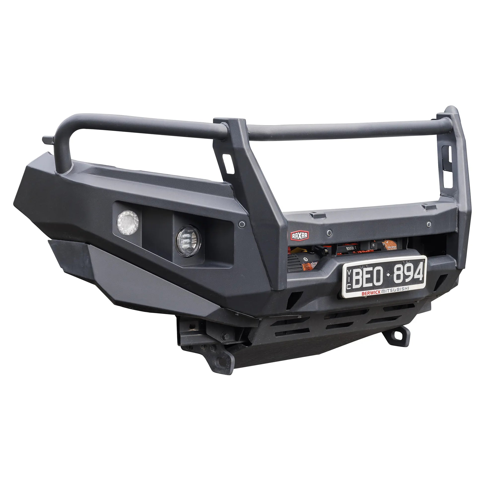 Left product side view of the RAXAR looped bull bar to suit Mitsubishi Triton MR, designed with antenna tabs, driving light mounts, and full ADR compliance. A tough and stylish 4WD accessory from Elevated 4x4.