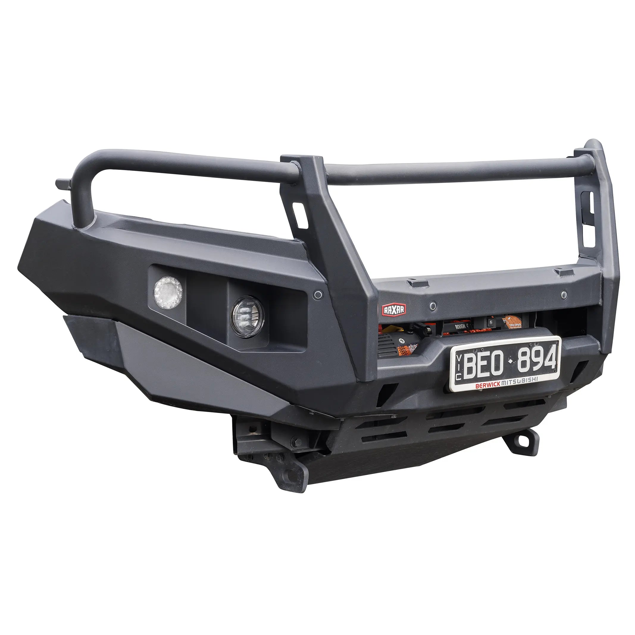 Left product side view of the RAXAR looped bull bar to suit Mitsubishi Triton MR, designed with antenna tabs, driving light mounts, and full ADR compliance. A tough and stylish 4WD accessory from Elevated 4x4.