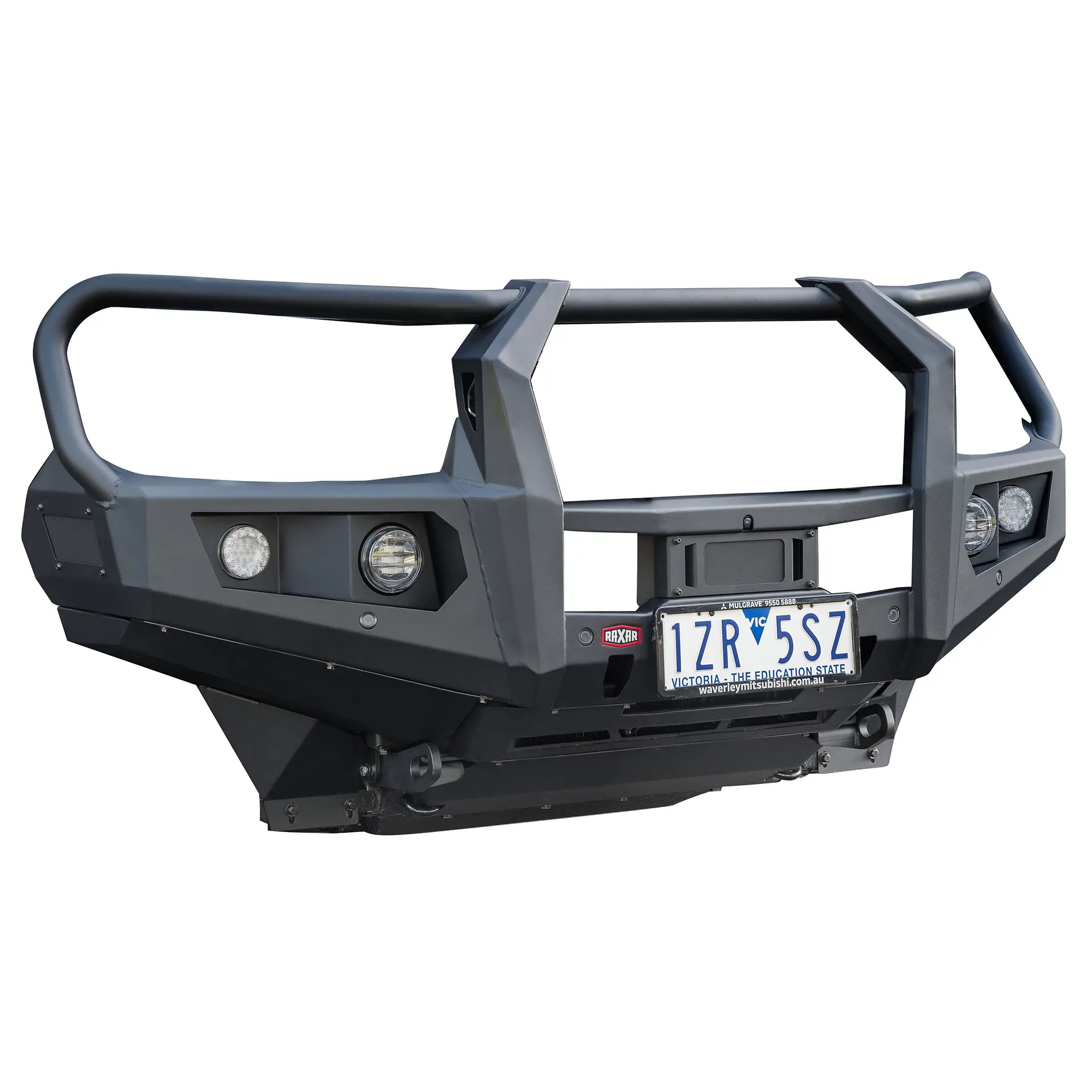 left product view of raxar looped bull bar for mitsubishi triton mv highlighting antenna tabs rugged looped profile adr compliance and compatibility with safety tech features available australia wide at elevated 4x4