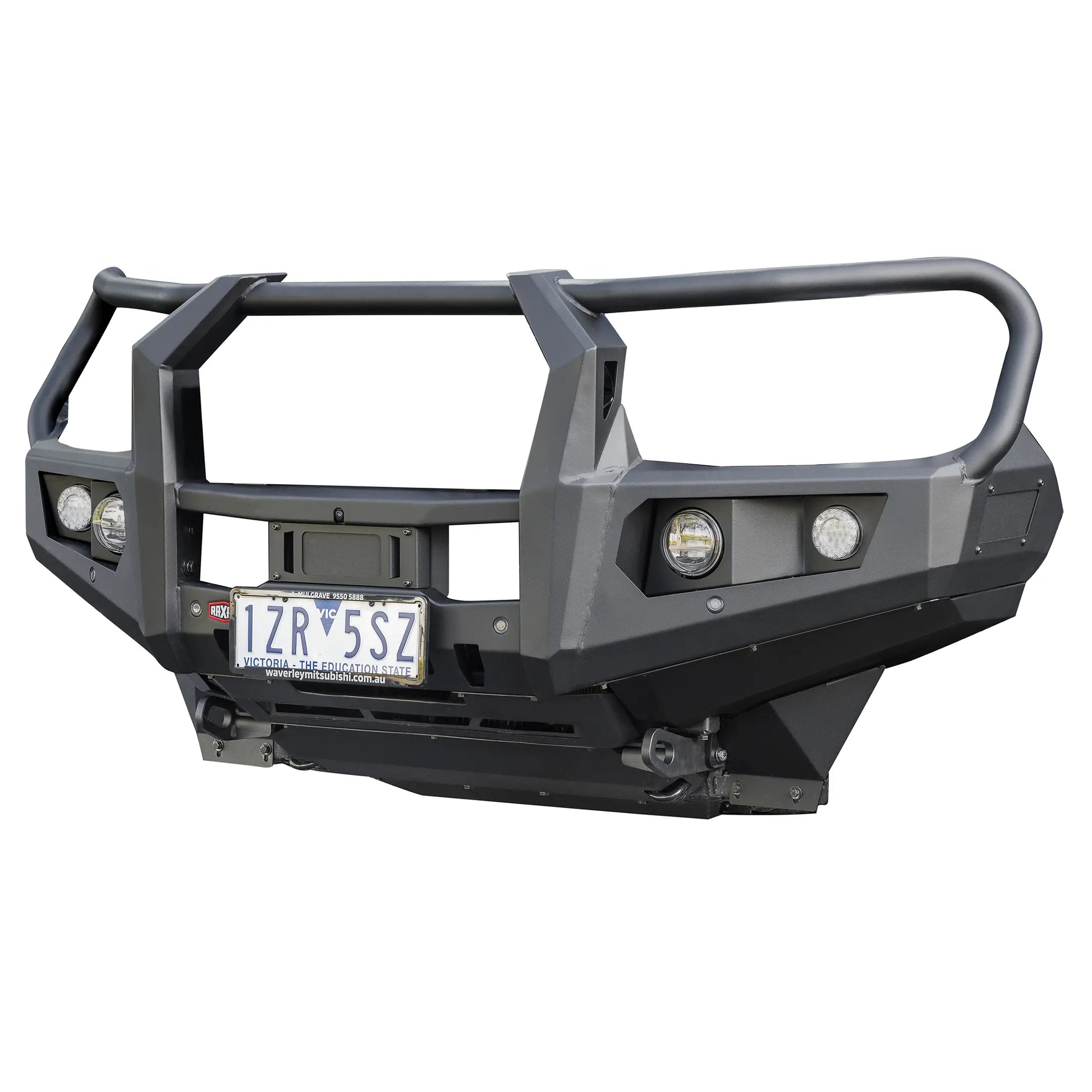 right side product view of raxar looped bull bar for mitsubishi triton mv showing recovery points airflow design parking sensor compatibility and strong powder coated finish combining style with durability from elevated 4x4