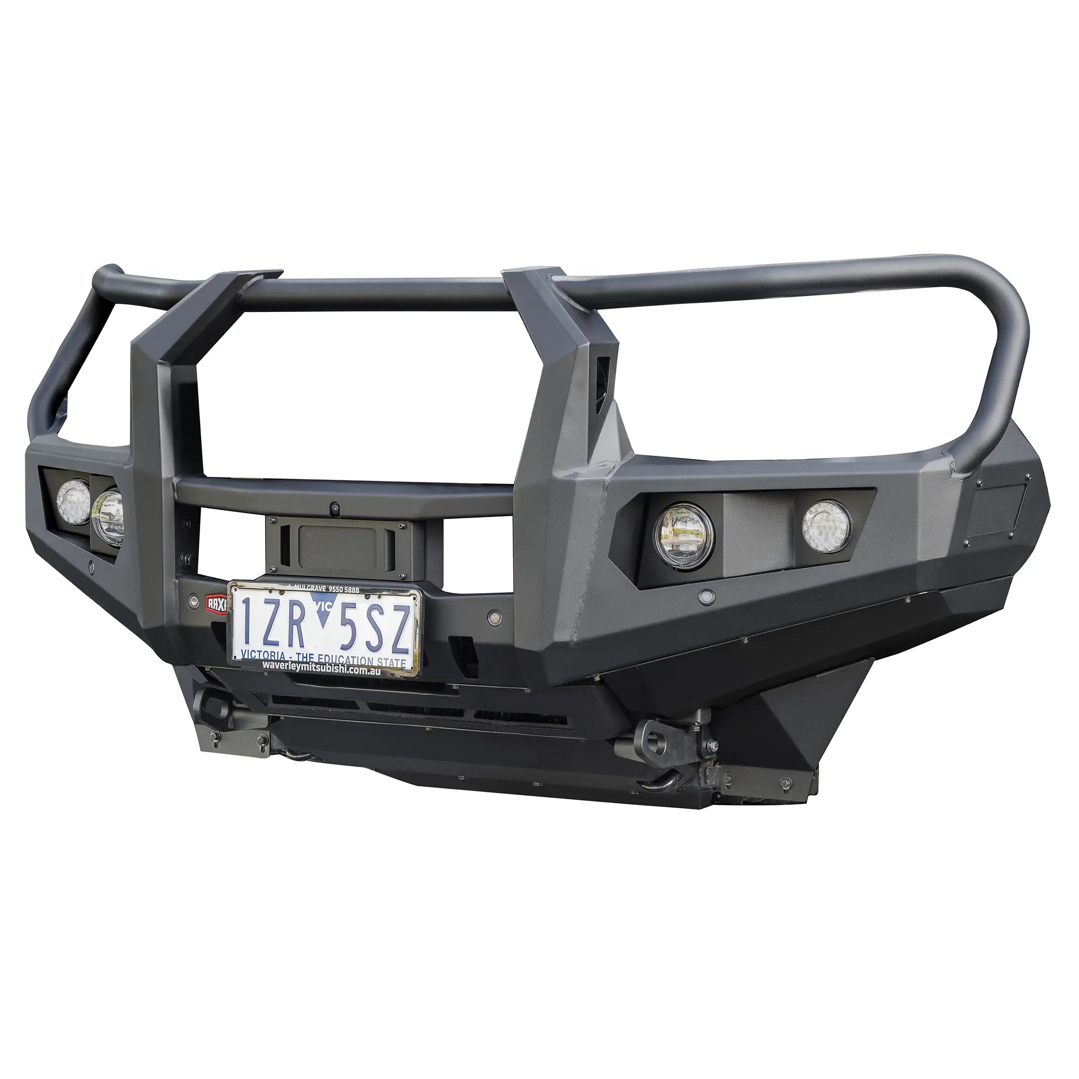 right side product view of raxar looped bull bar for mitsubishi triton mv showing recovery points airflow design parking sensor compatibility and strong powder coated finish combining style with durability from elevated 4x4