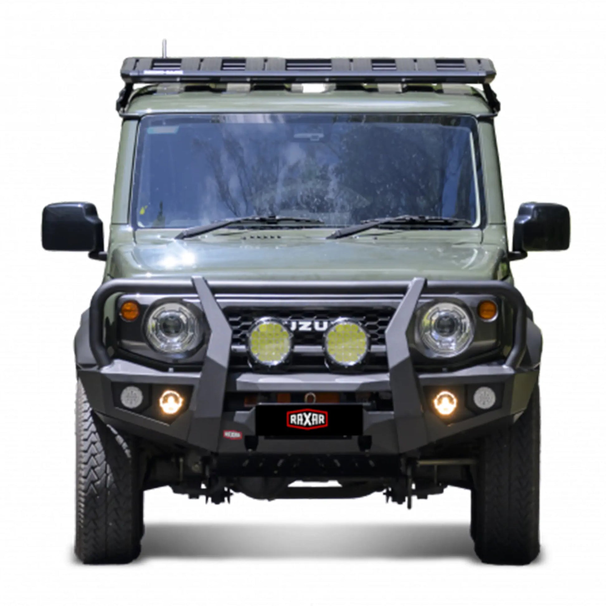 front installed view of raxar looped bull bar fitted to suzuki jimny showcasing adr compliant bumper replacement design matte black powder coated finish integrated fog lights and full winch compatibility tough offroad protection supplied by elevated 4x4