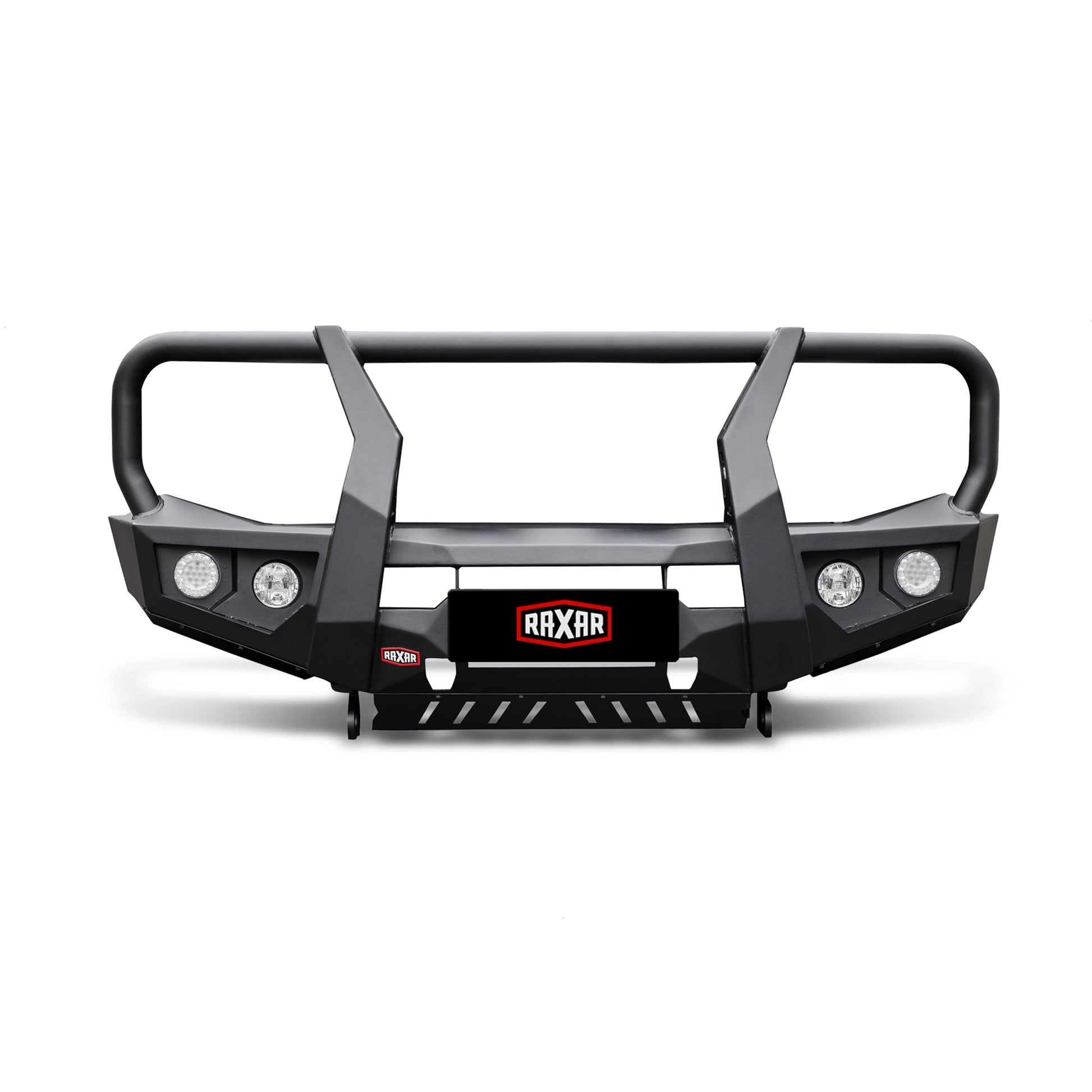 product front display of raxar looped bull bar for suzuki jimny featuring strong bumper replacement construction antenna tabs driving light provisions and e coated matte black finish built for durability by elevated 4x4