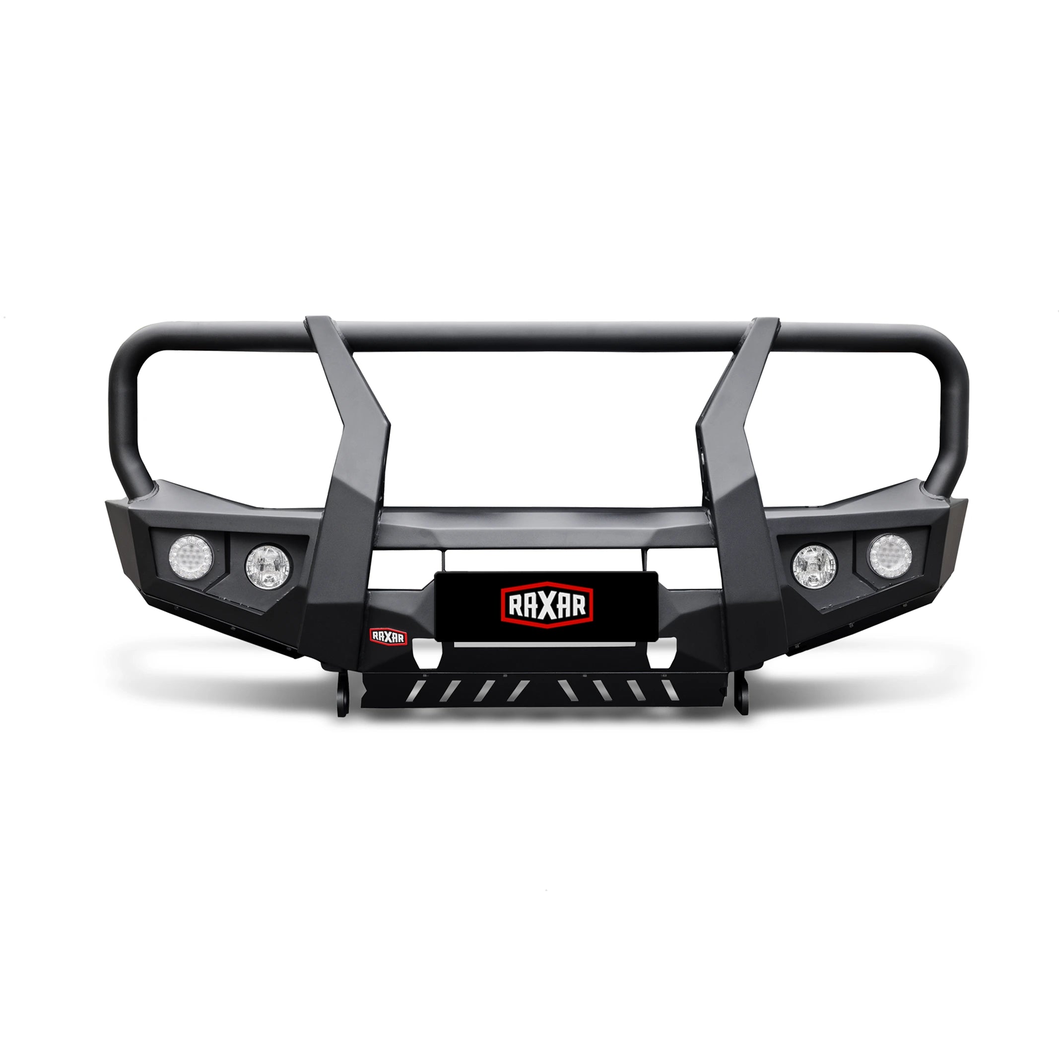 product front display of raxar looped bull bar for suzuki jimny featuring strong bumper replacement construction antenna tabs driving light provisions and e coated matte black finish built for durability by elevated 4x4