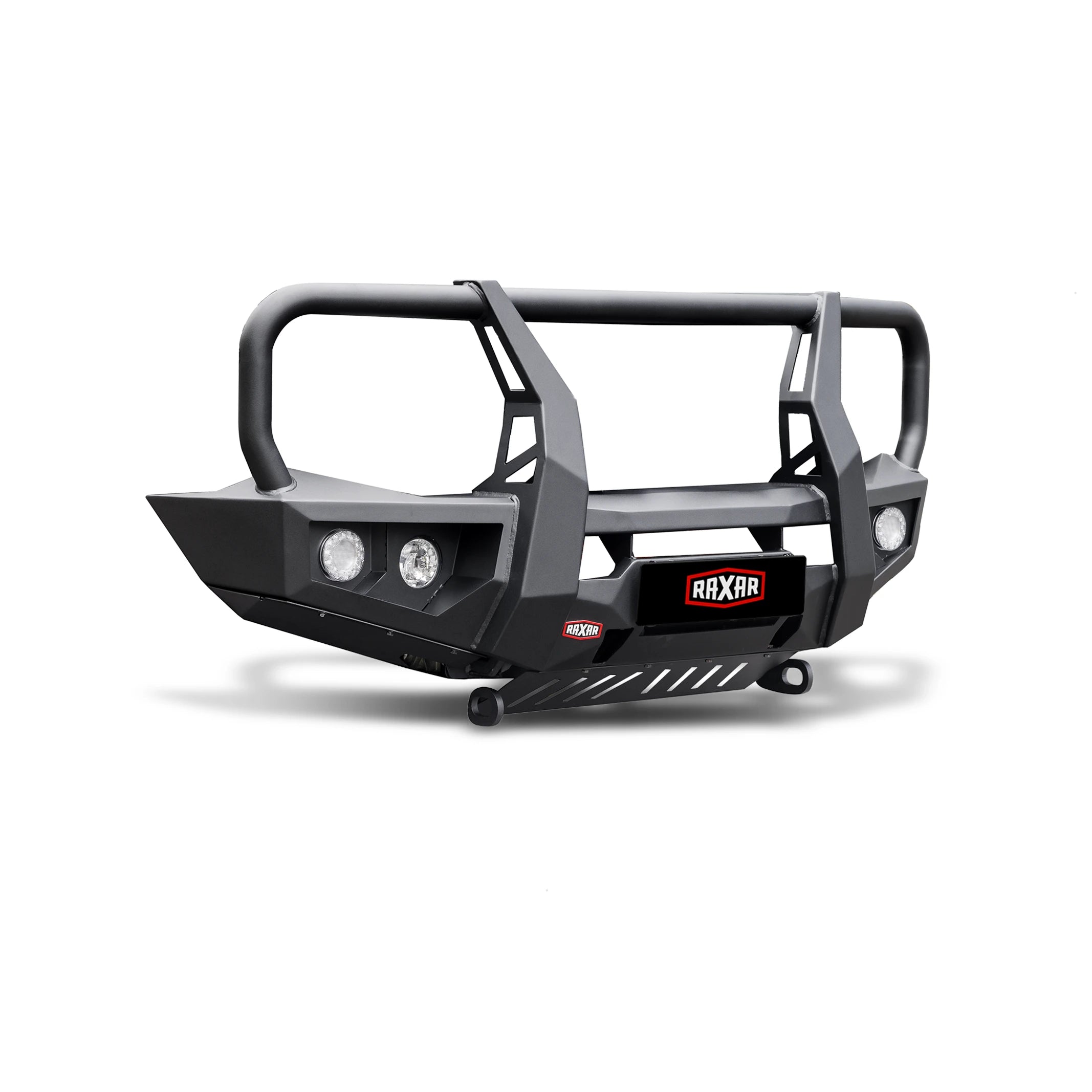left side product view of raxar looped bull bar designed for suzuki jimny showing adr compliance inner wing braces recovery points and compatibility with factory parking sensors premium 4wd accessory from elevated 4x4