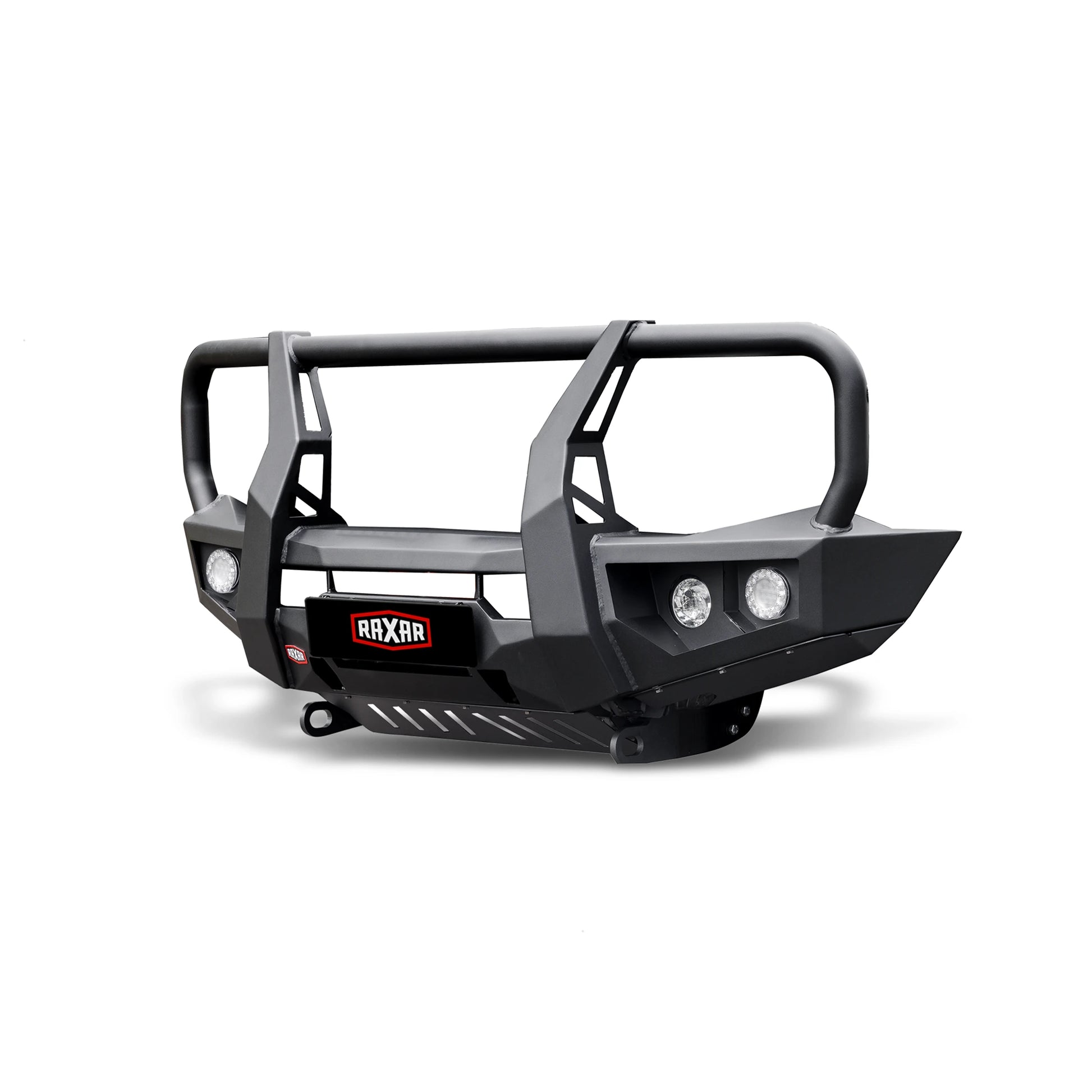 right product angle of raxar looped bull bar to suit suzuki jimny showcasing tech pack compatibility strong airflow design and rugged powder coated finish a reliable 4x4 upgrade from elevated 4x4