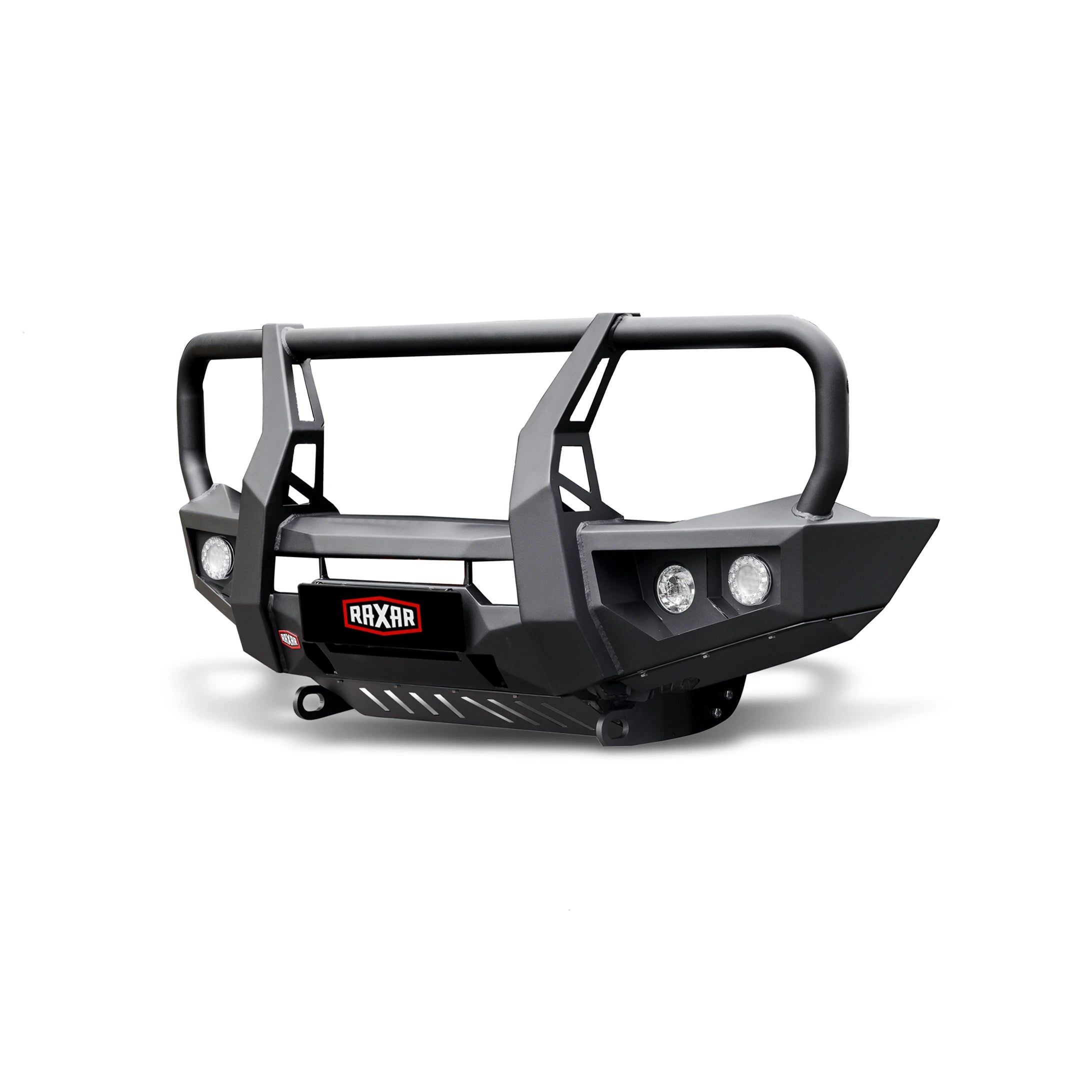 right product angle of raxar looped bull bar to suit suzuki jimny showcasing tech pack compatibility strong airflow design and rugged powder coated finish a reliable 4x4 upgrade from elevated 4x4