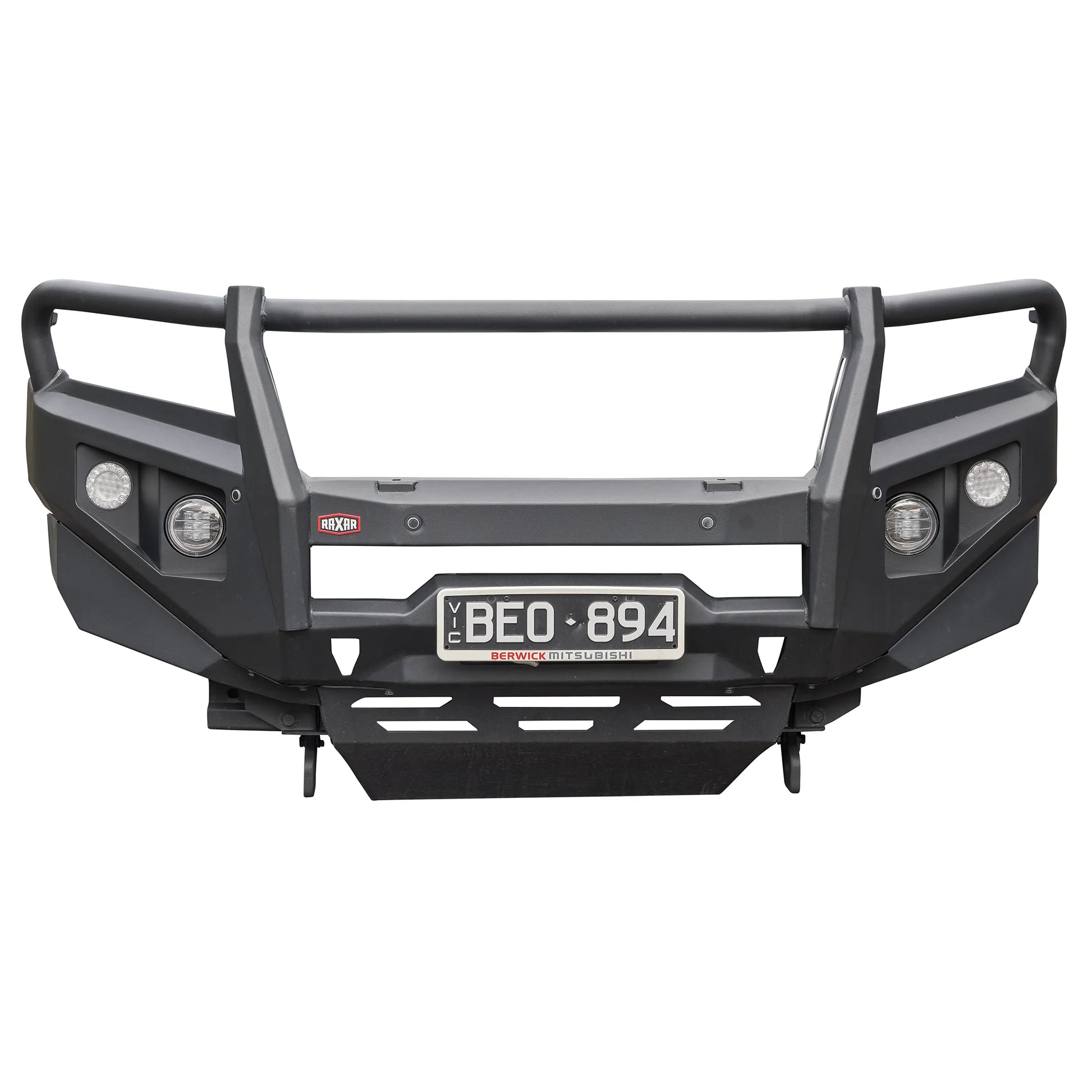 Front angle product view of the RAXAR looped bull bar for Mitsubishi Triton MR, featuring split pan design, inner wing braces, and matte black powder coating. Engineered for strength and durability, available at Elevated 4x4.