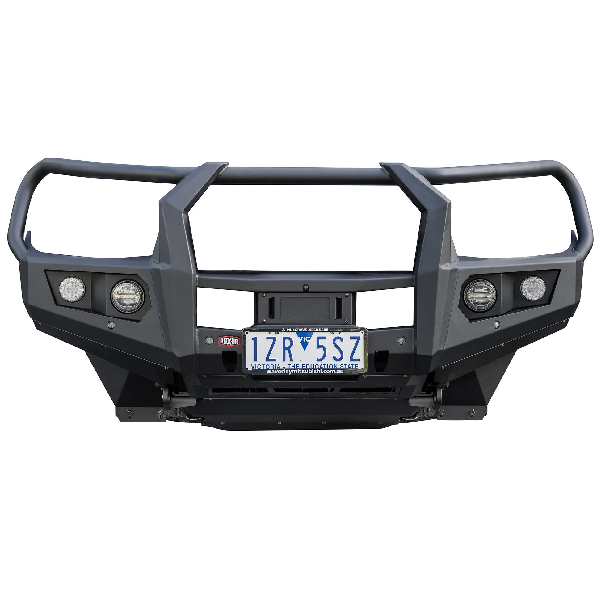 product front display of raxar looped bull bar to suit mitsubishi triton mv designed with reinforced inner wing braces matte black e coated powder finish and driving light provisions trusted by australian 4wd owners through elevated 4x4