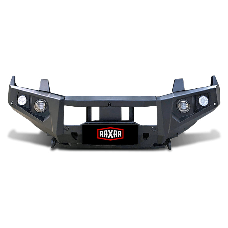 Front view of the RAXAR no loop bull bar for the Ford Next-Gen Ranger, highlighting the split pan design for airflow, integrated fog lights, and underbody bash plates. Built tough with e-coated and powder-coated steel, this bull bar combines strength, safety, and sleek design, available at Opposite Lock Cardiff.