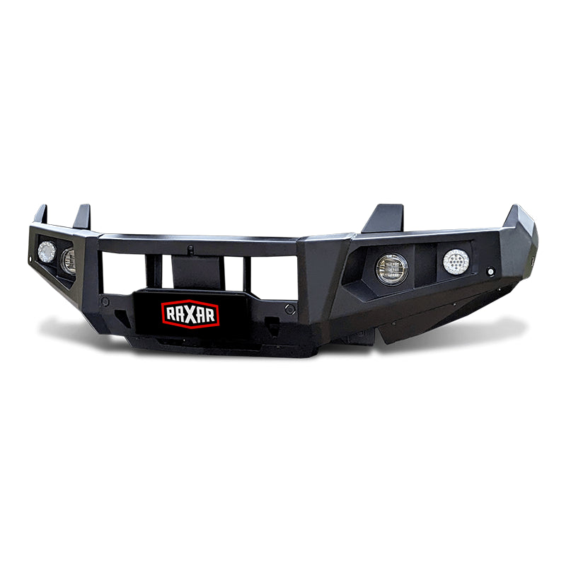 Left side angle of the RAXAR no loop bull bar designed for the Ford Next-Gen Ranger, featuring recovery points, driving light mounts, and compatibility with advanced tech pack safety systems. This heavy-duty bull bar is engineered for serious 4WD use and stocked at Opposite Lock Cardiff for adventurers across the Hunter Valley and beyond.