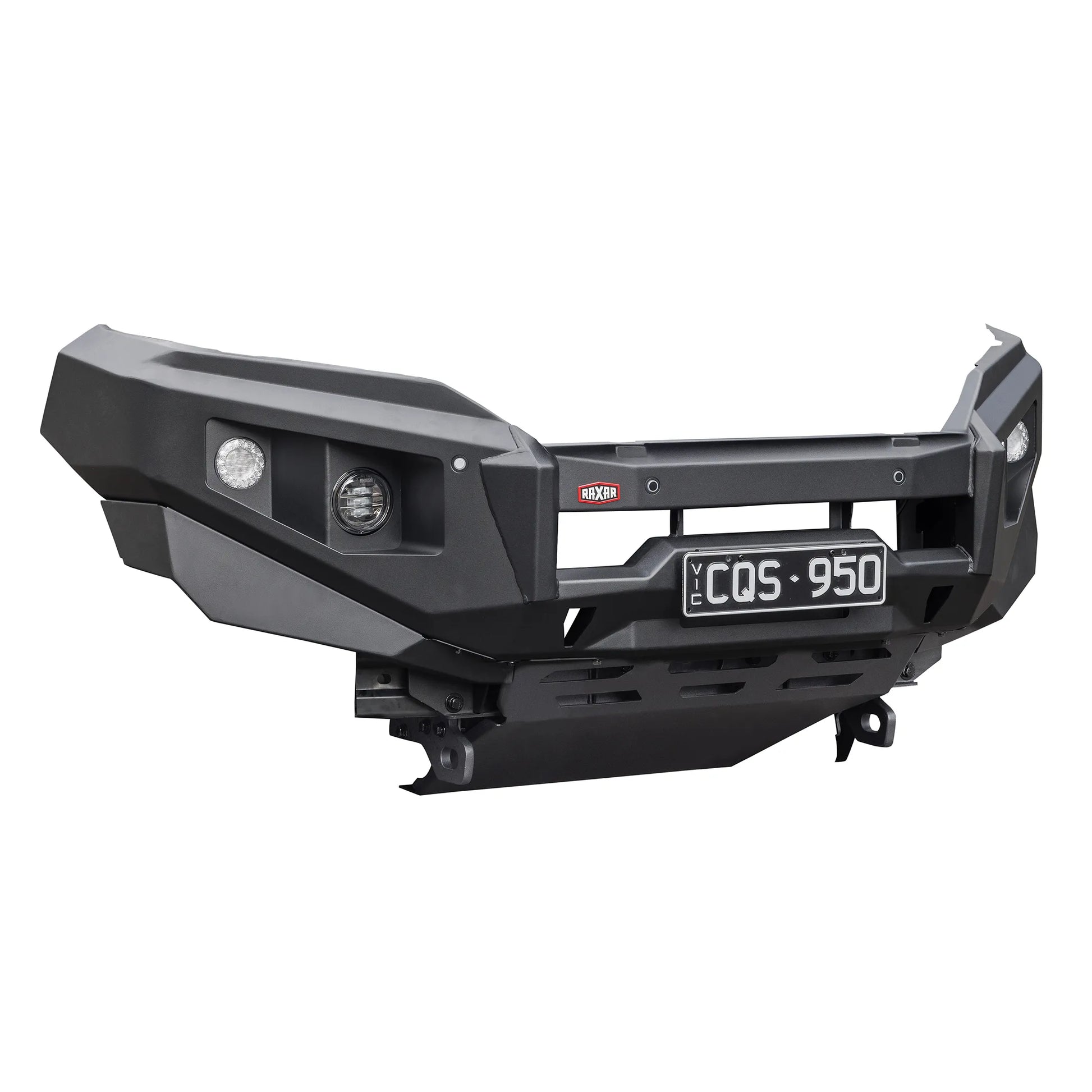left product angle view of raxar no loop bull bar for mitsubishi triton mr showing antenna tabs driving light mounts and reinforced side wings engineered for reliability functionality and clean fitment in harsh australian conditions supplied by elevated 4x4