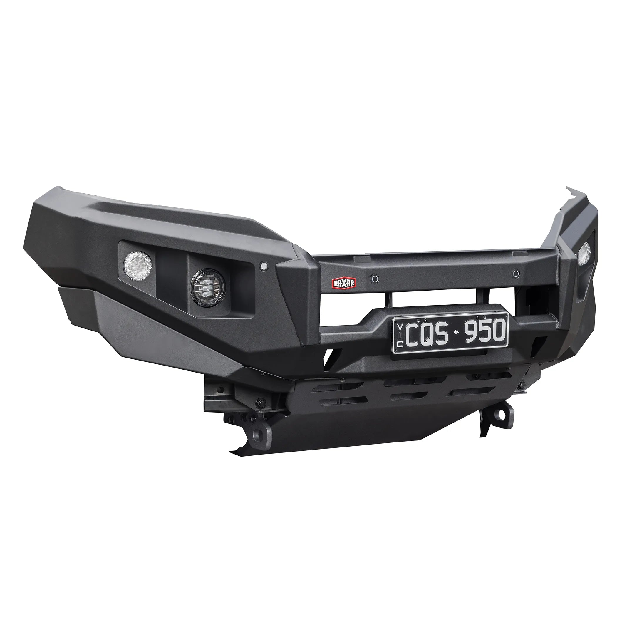 left product angle view of raxar no loop bull bar for mitsubishi triton mr showing antenna tabs driving light mounts and reinforced side wings engineered for reliability functionality and clean fitment in harsh australian conditions supplied by elevated 4x4