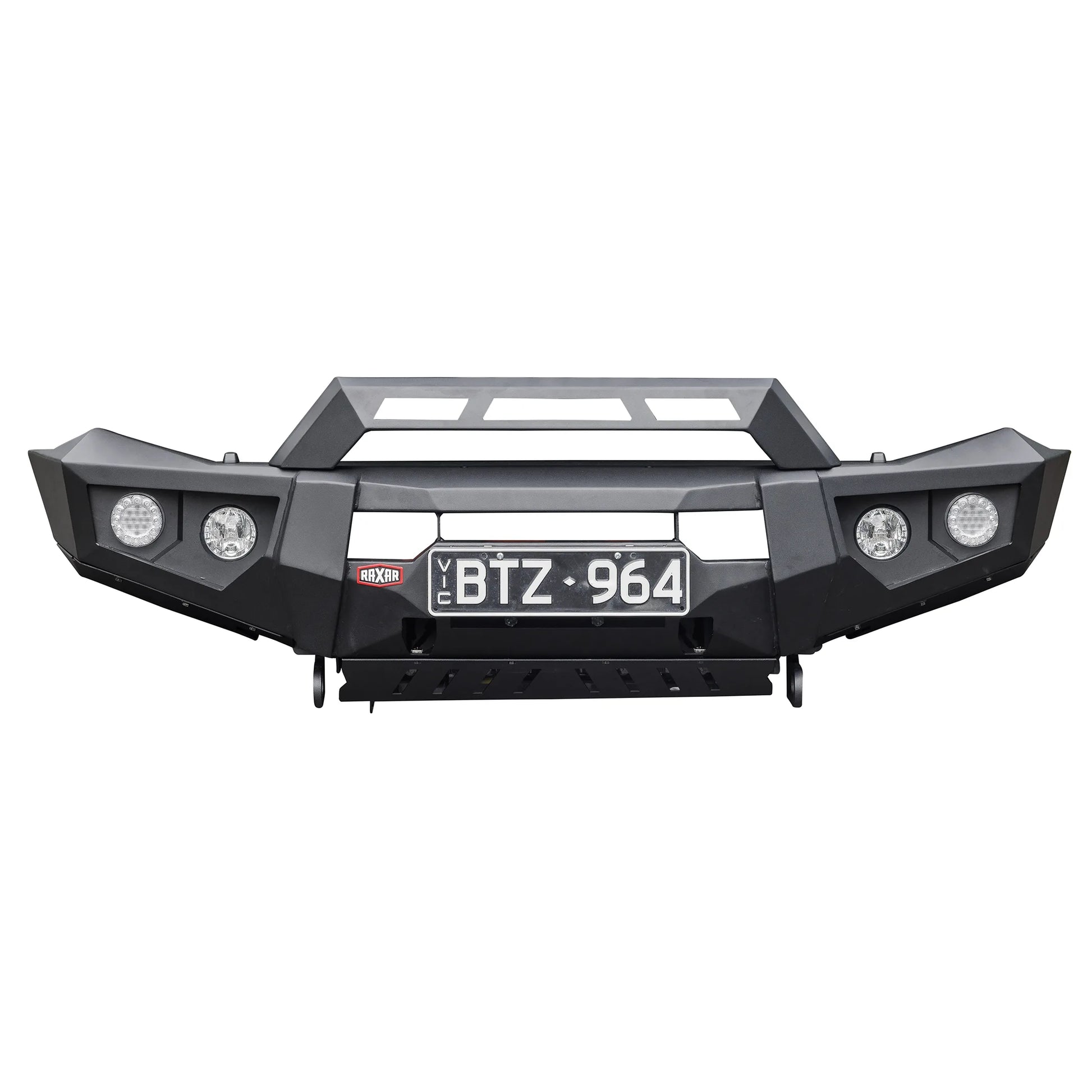 product front display of raxar no loop bull bar for suzuki jimny featuring durable bumper replacement construction inner wing braces matte black finish and compatibility with fog lights and factory parking sensors premium accessory from elevated 4x4