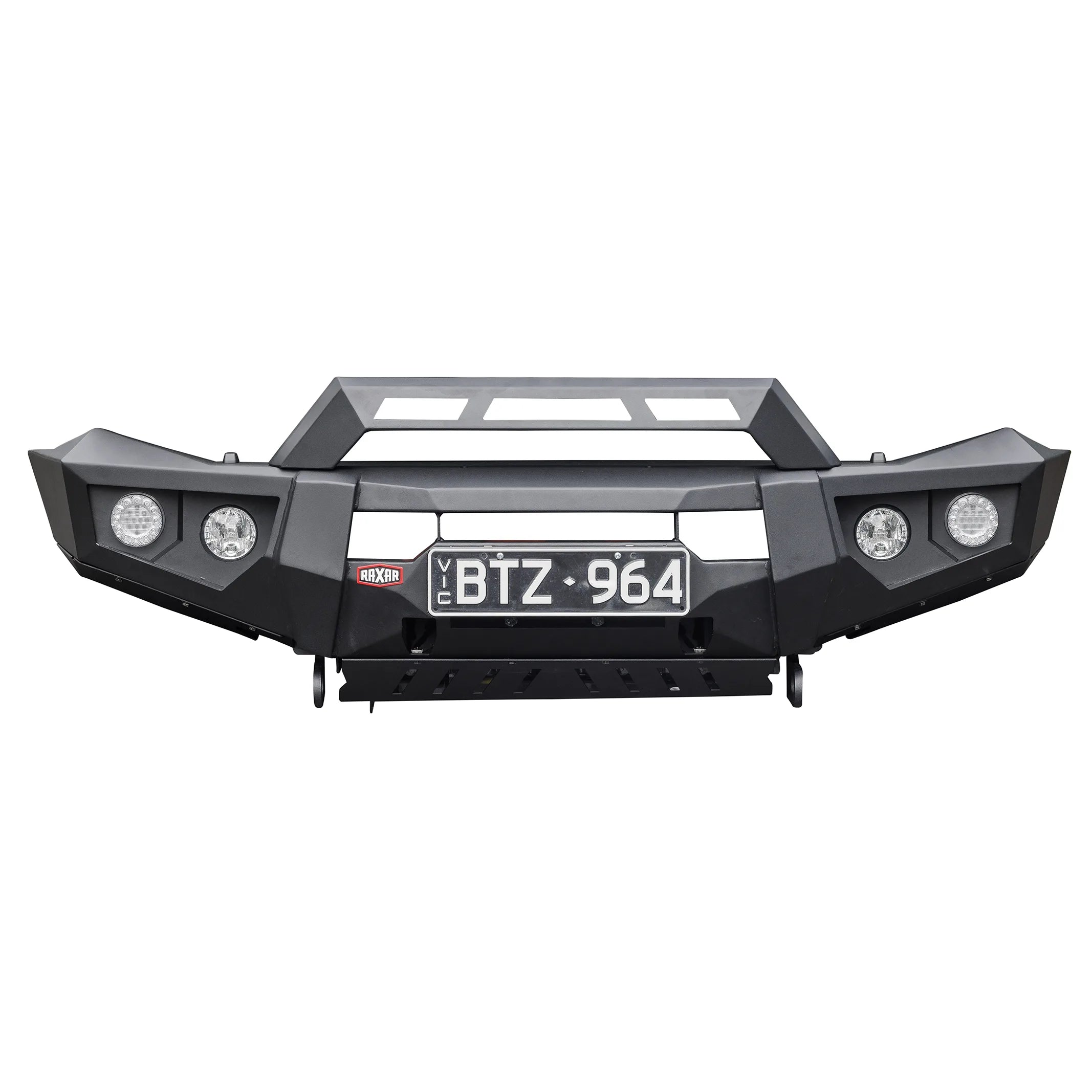product front display of raxar no loop bull bar for suzuki jimny featuring durable bumper replacement construction inner wing braces matte black finish and compatibility with fog lights and factory parking sensors premium accessory from elevated 4x4