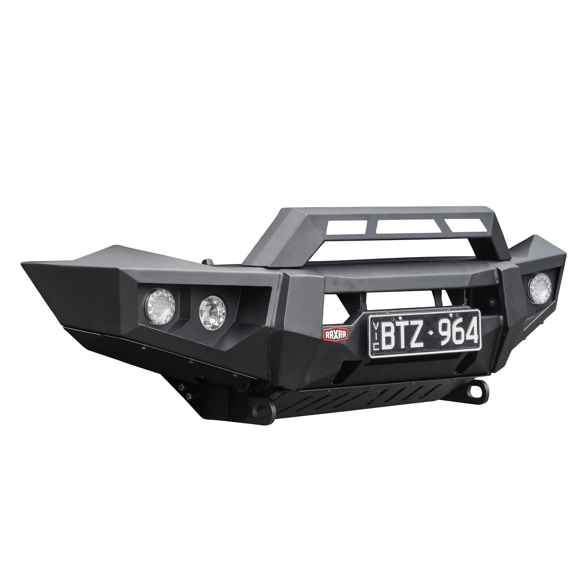 left side product view of raxar no loop bull bar designed for suzuki jimny showcasing adr compliance recovery points driving light provisions and rugged e coated powder finish strong offroad upgrade by elevated 4x4