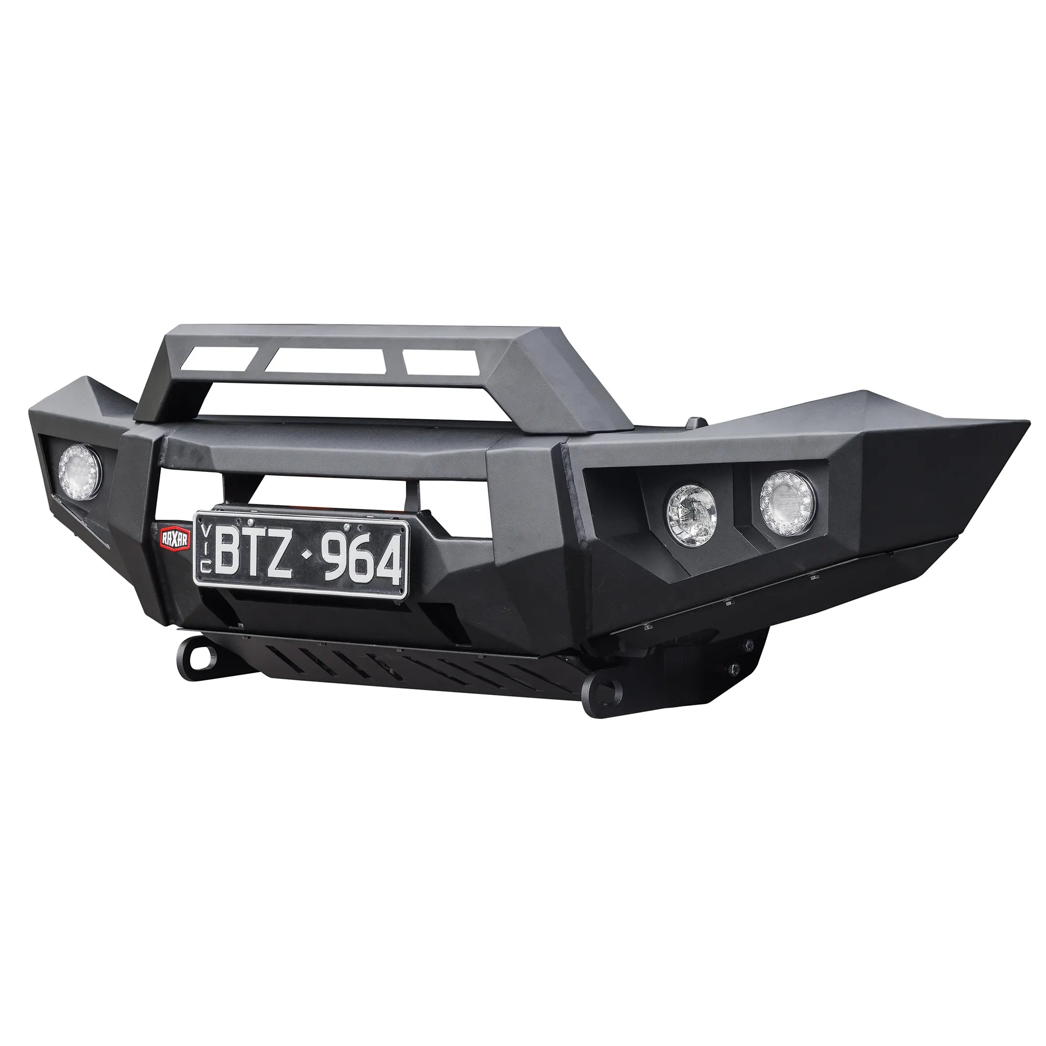 right product angle of raxar no loop bull bar to suit suzuki jimny showing compatibility with tech pack safety features airflow split pan design and antenna tabs reliable 4wd gear from elevated 4x4