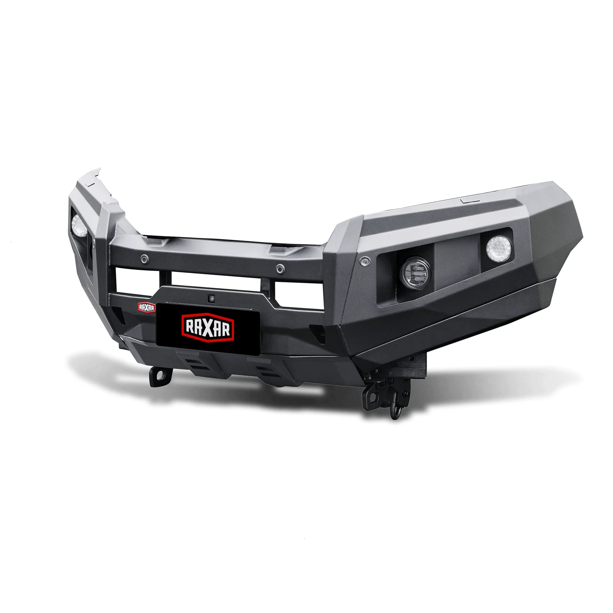 Right angle product view of the RAXAR no loop bull bar for Mitsubishi Pajero Sport QF, featuring underbody bash plates, driving light mounts, and inner wing braces for added strength. A premium off-road accessory from Elevated 4x4.