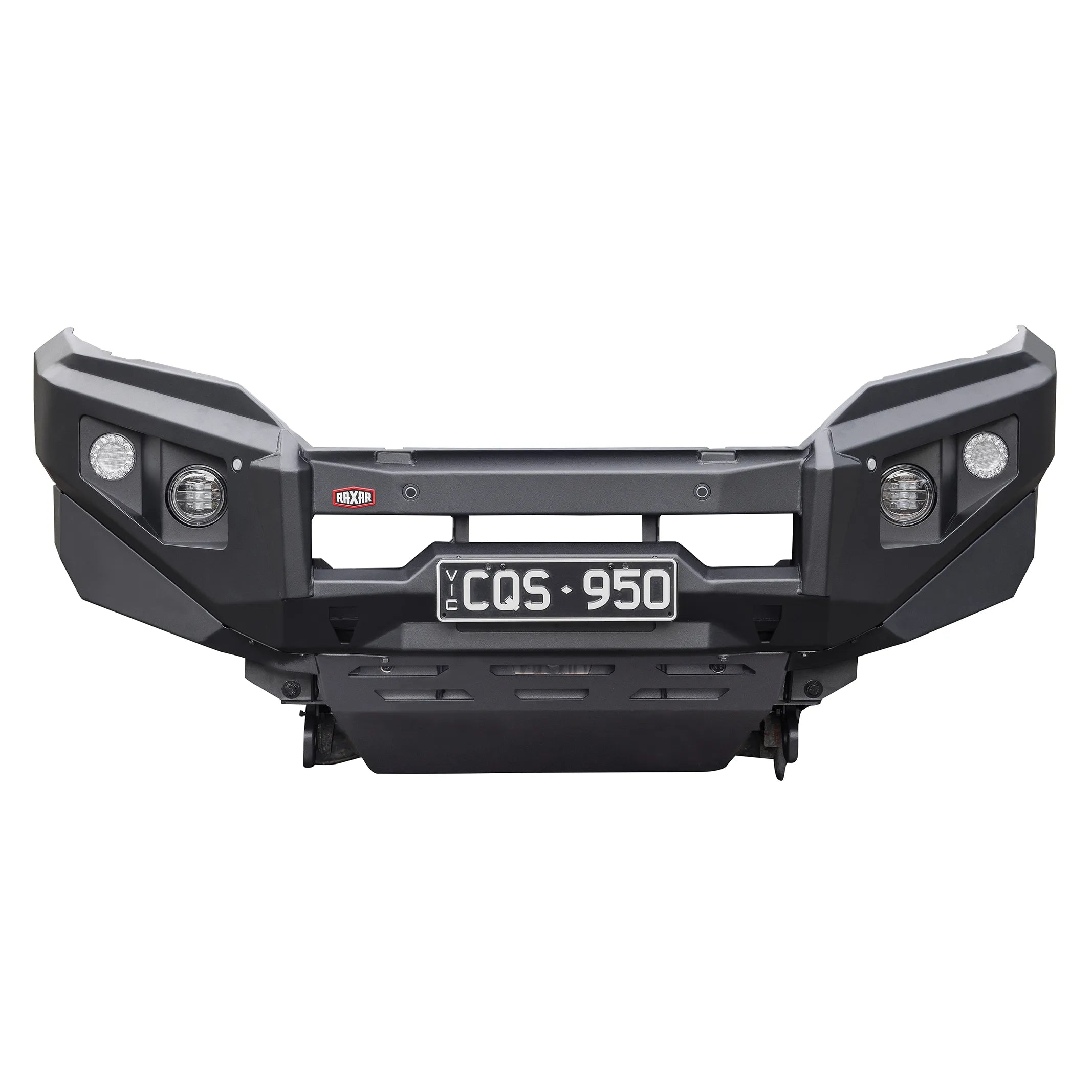 front product display of raxar no loop bull bar to suit mitsubishi triton mr showcasing solid steel construction airflow friendly split pan recovery points and winch compatible design finished in durable matte black for long lasting protection trusted by australian drivers through elevated 4x4