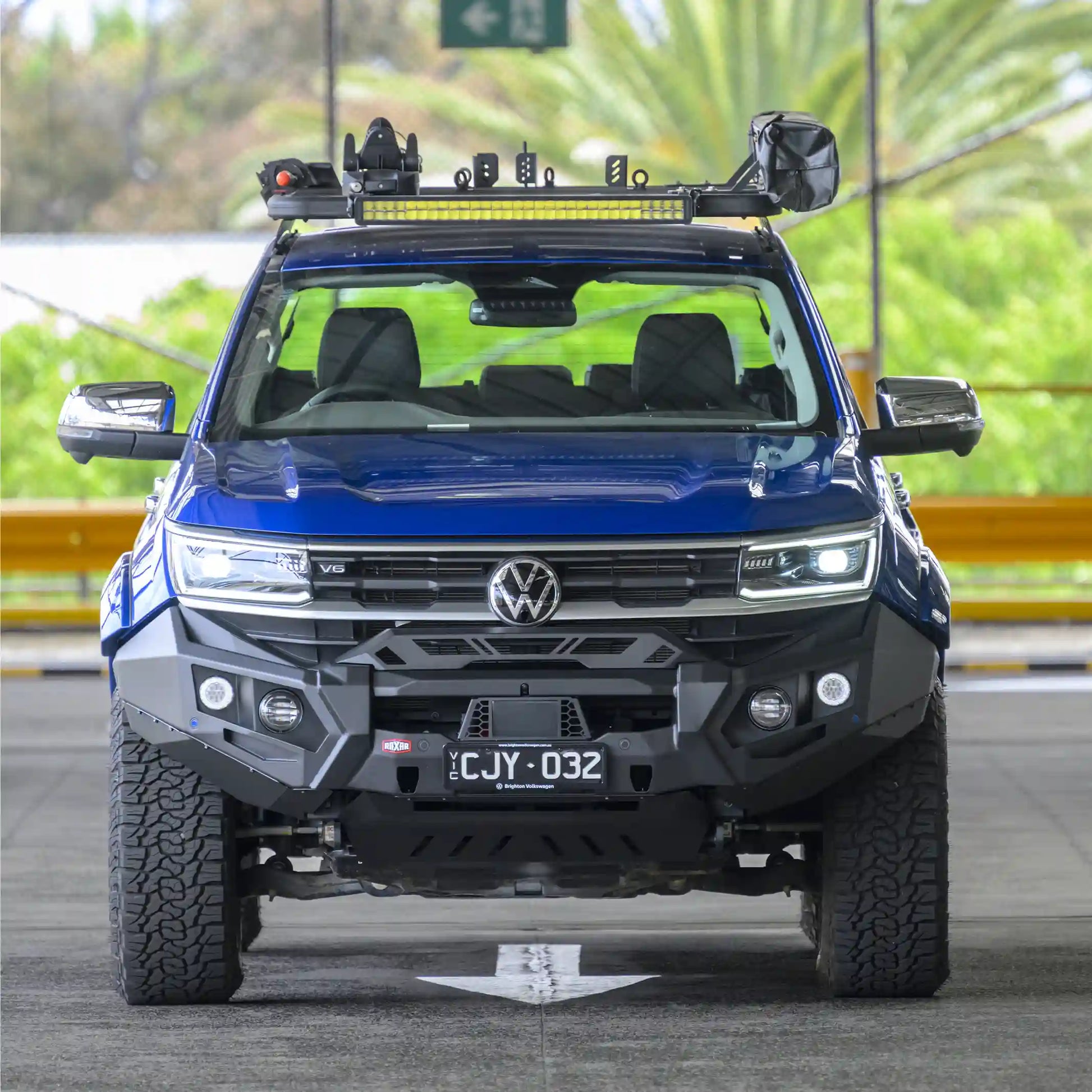 The VW Amarok no loop bull bar front-installed view from Elevated 4x4 highlights RAXAR’s precision bumper replacement design with ADR compliance, winch compatibility, and a tough matte black powder-coated finish. Built for Australian 4WD drivers, this bull bar delivers maximum protection and a bold off-road look.