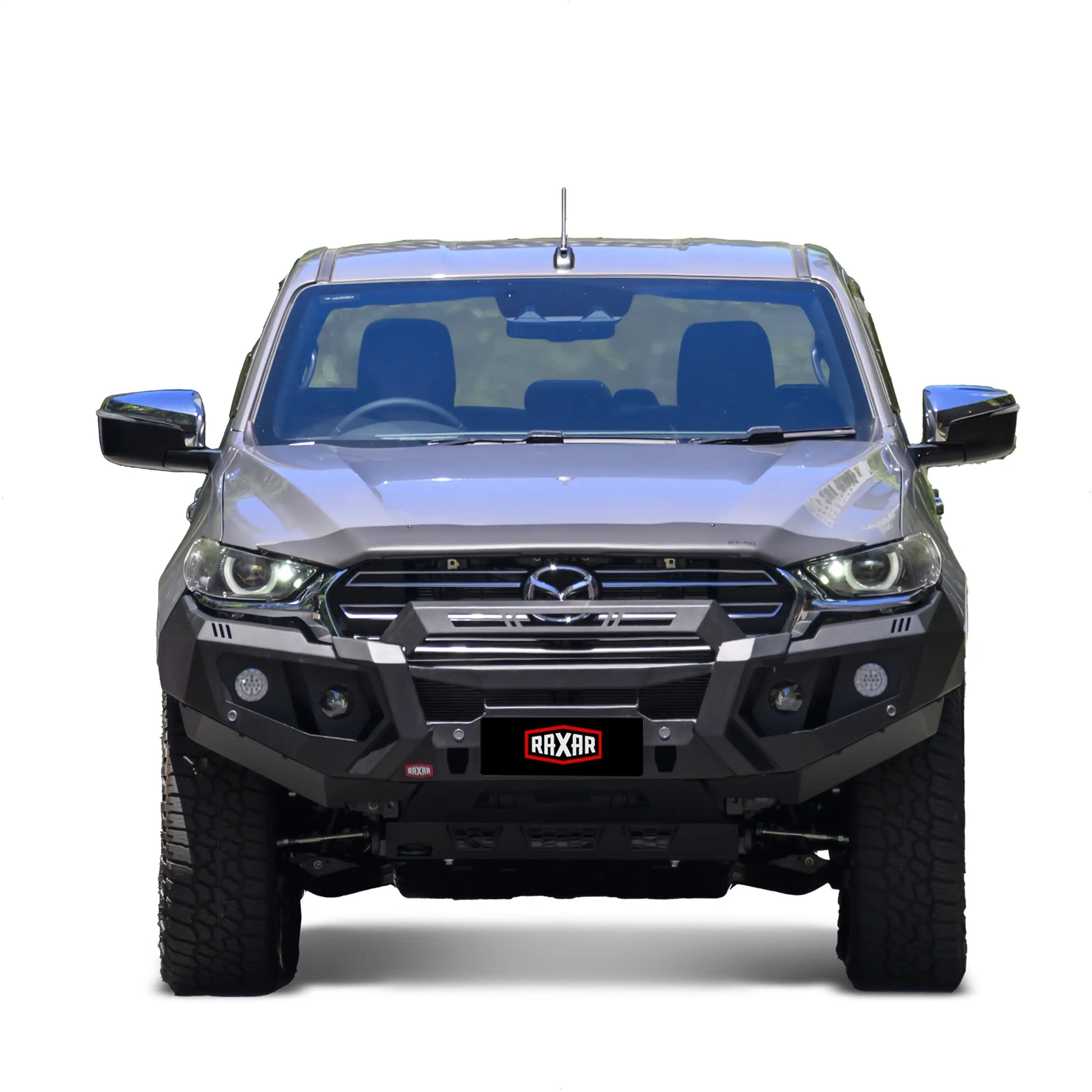mazda bt50 no looped raxar bull bar installed front view showing adr compliant design recovery points winch compatibility and durable matte black finish this premium 4wd bull bar delivers strength safety and airflow performance built for australian touring offroad and worksite conditions supplied by elevated 4x4