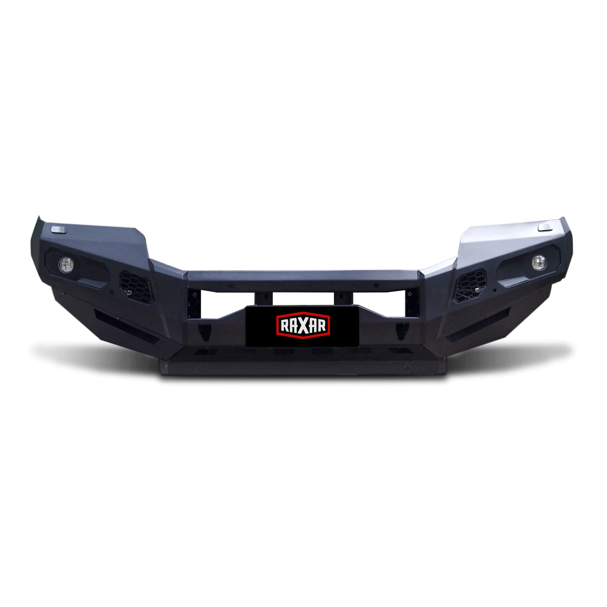 This product-only front view of the Toyota LandCruiser 300 no loop bull bar from Elevated 4x4 highlights its precise fit, durable e-coated and powder-coated finish, and full winch compatibility. A RAXAR design built for Australian drivers, it ensures maximum performance, safety, and 4WD reliability.