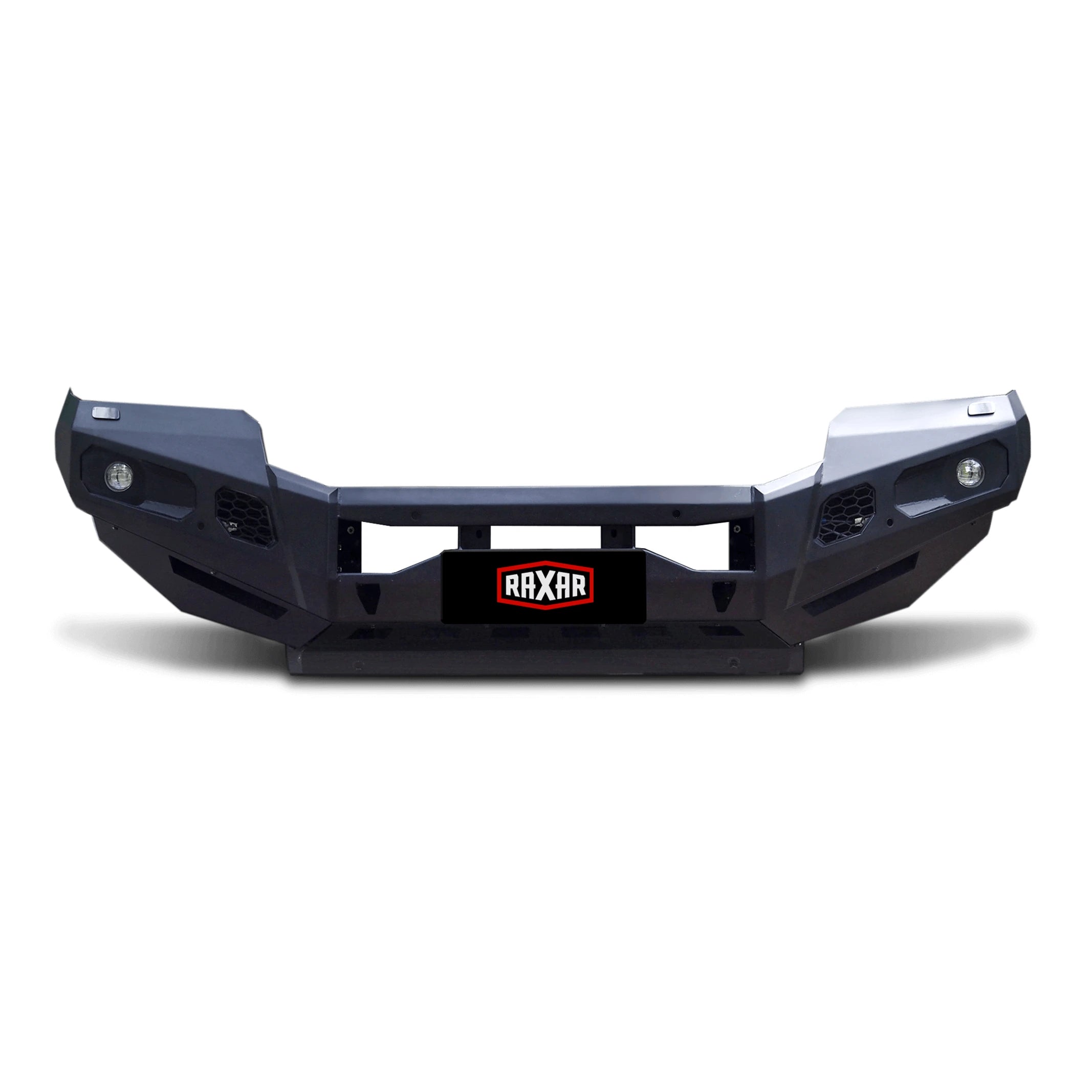 This product-only front view of the Toyota LandCruiser 300 no loop bull bar from Elevated 4x4 highlights its precise fit, durable e-coated and powder-coated finish, and full winch compatibility. A RAXAR design built for Australian drivers, it ensures maximum performance, safety, and 4WD reliability.