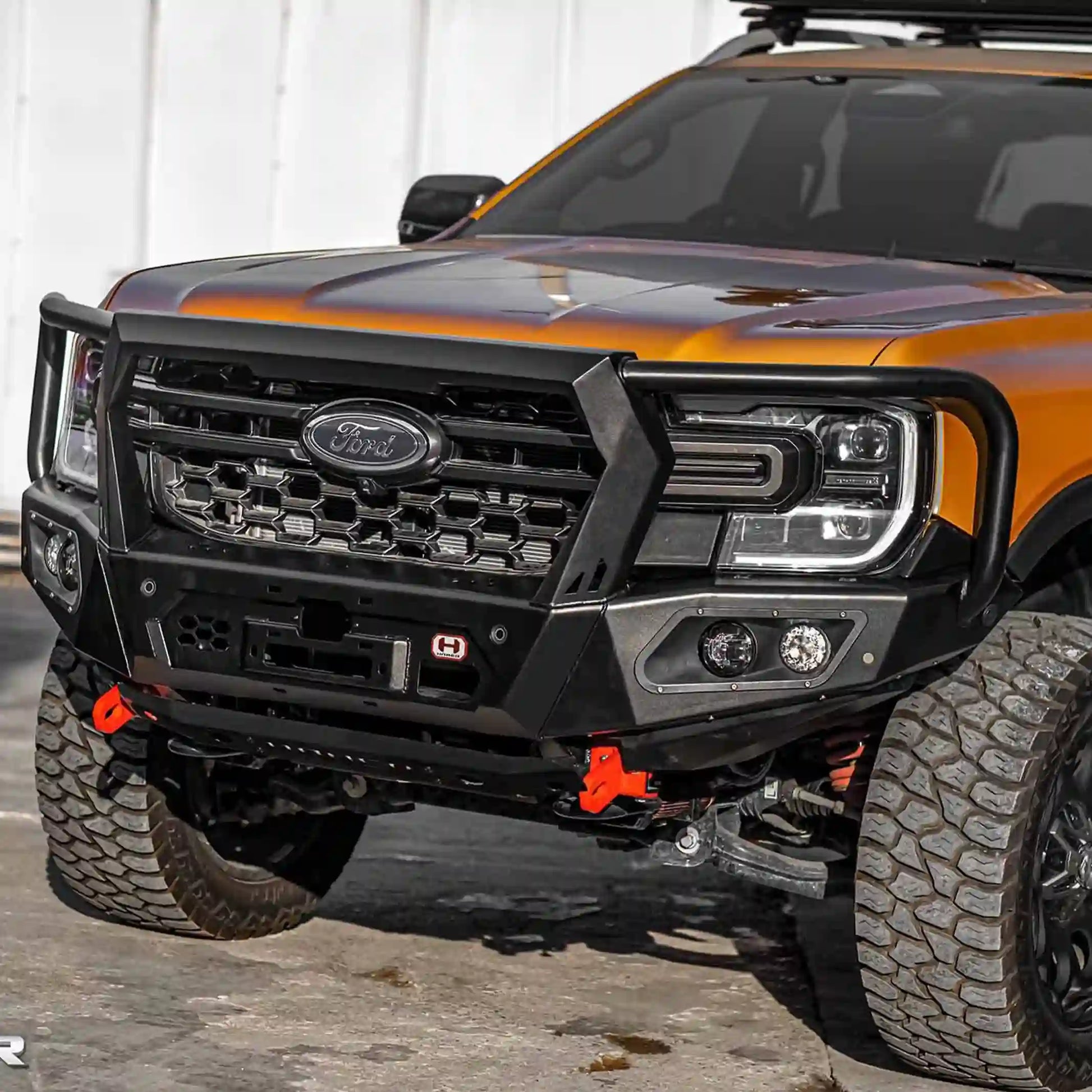 Right installed view of Hamer 4x4 King Series Plus Bull Bar on Ford Ranger (2022–Present), highlighting mounting points, LED lighting, and off-road-ready construction.