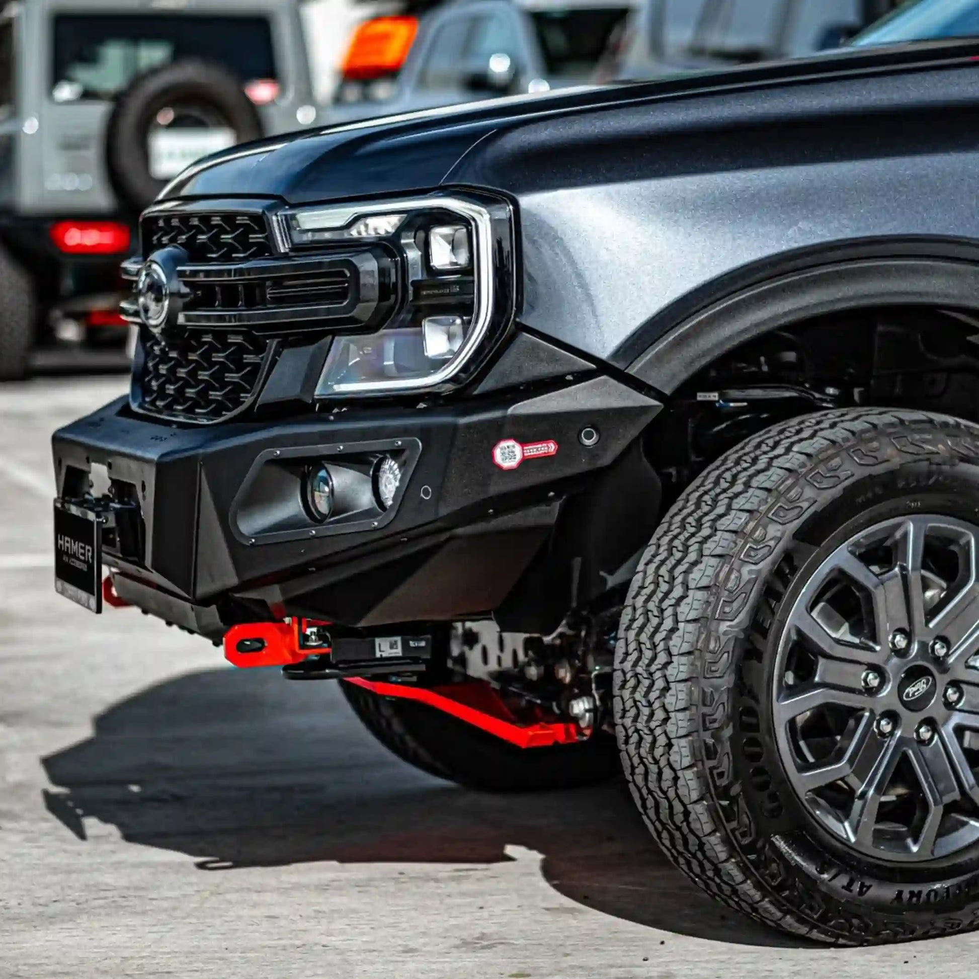 Right installed view of Hamer 4x4 King Series Bull Bar on Ford Ranger (2022–Present), showing seamless fit, LED lighting, and off-road-ready strength.
