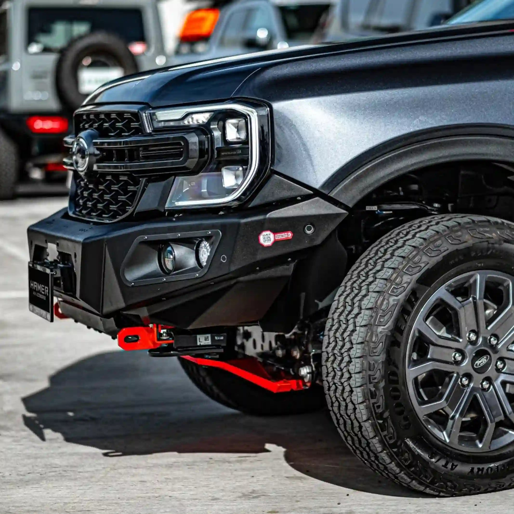 Right installed view of Hamer 4x4 King Series Bull Bar on Ford Ranger (2022–Present), showing seamless fit, LED lighting, and off-road-ready strength.