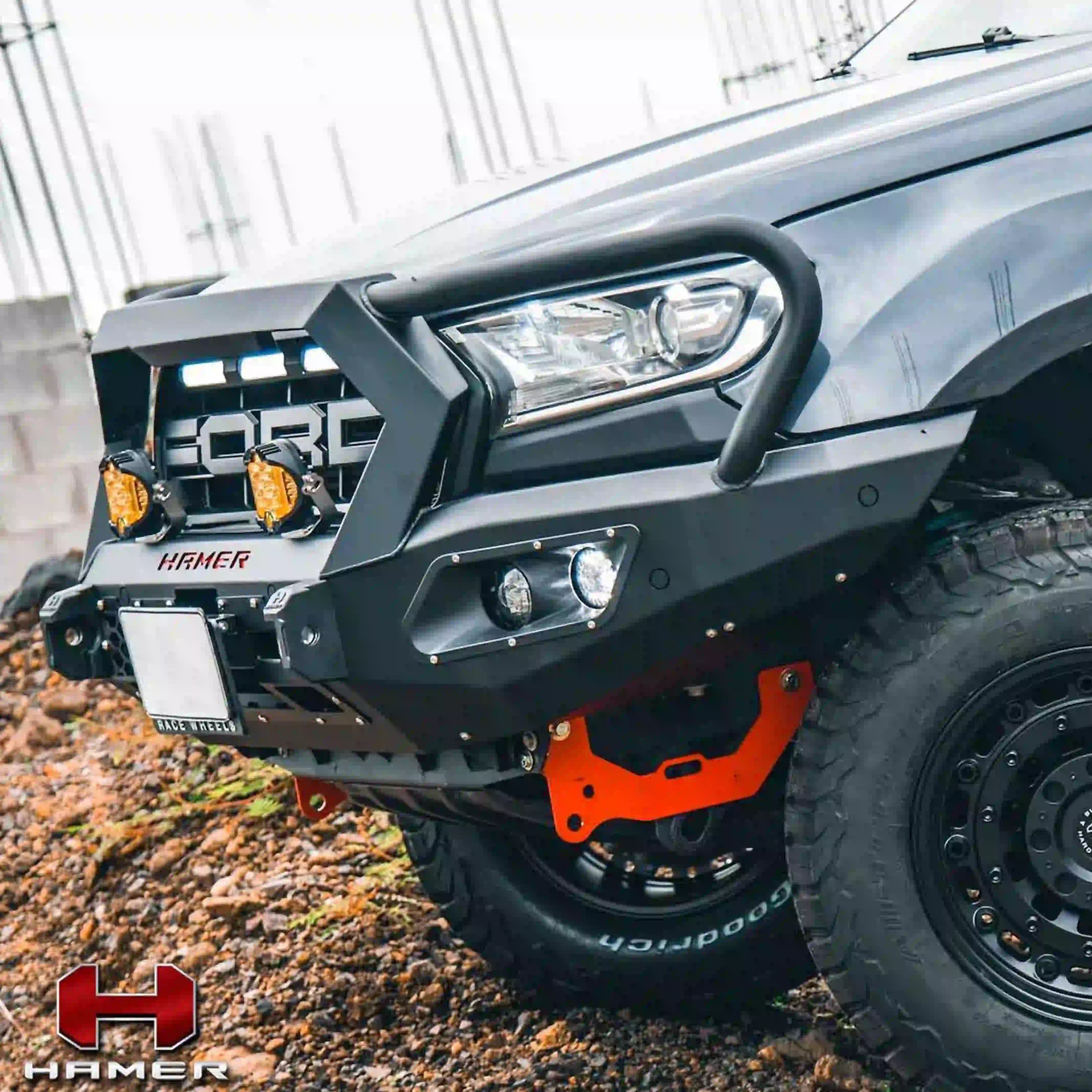 Right installed view of Hamer 4x4 King Series Plus Bull Bar on Ford Ranger PX2 PX3 (2015–2022), highlighting integrated triple loop design and durability.