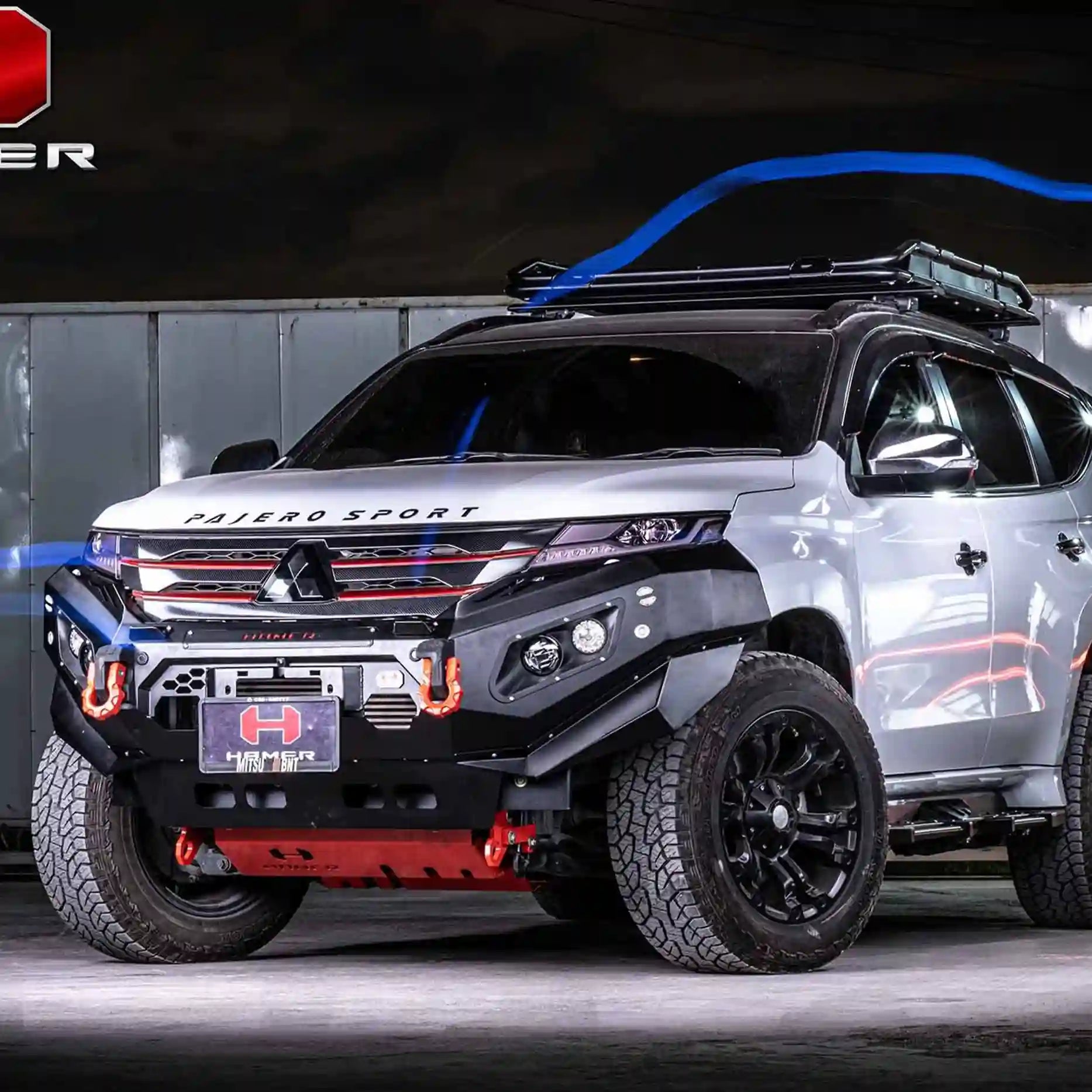 Right view of Mitsubishi Pajero Sport QF (2020–Present) fitted with Hamer King Bull Bar, featuring ADR compliance, recovery points, and integrated light bar slot.