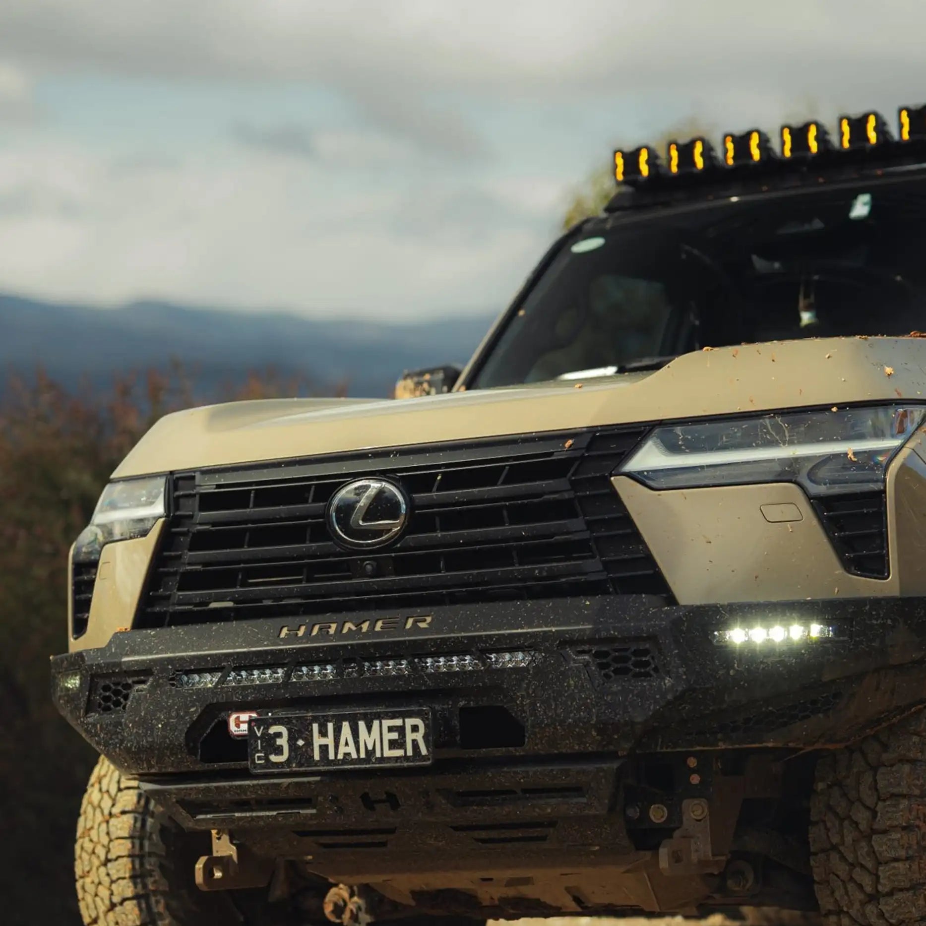 Left angle view of Sierra Series Bull Bar by Hamer for Lexus GX550 (2024–Present), featuring high-grade steel construction and European E-Mark LED fog lamps.
