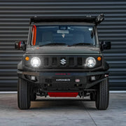 Front view of Suzuki Jimny JB74W (2018–Present) with Hamer King Bull Bar, 3mm steel, ADR compliant, sleek and rugged design.
