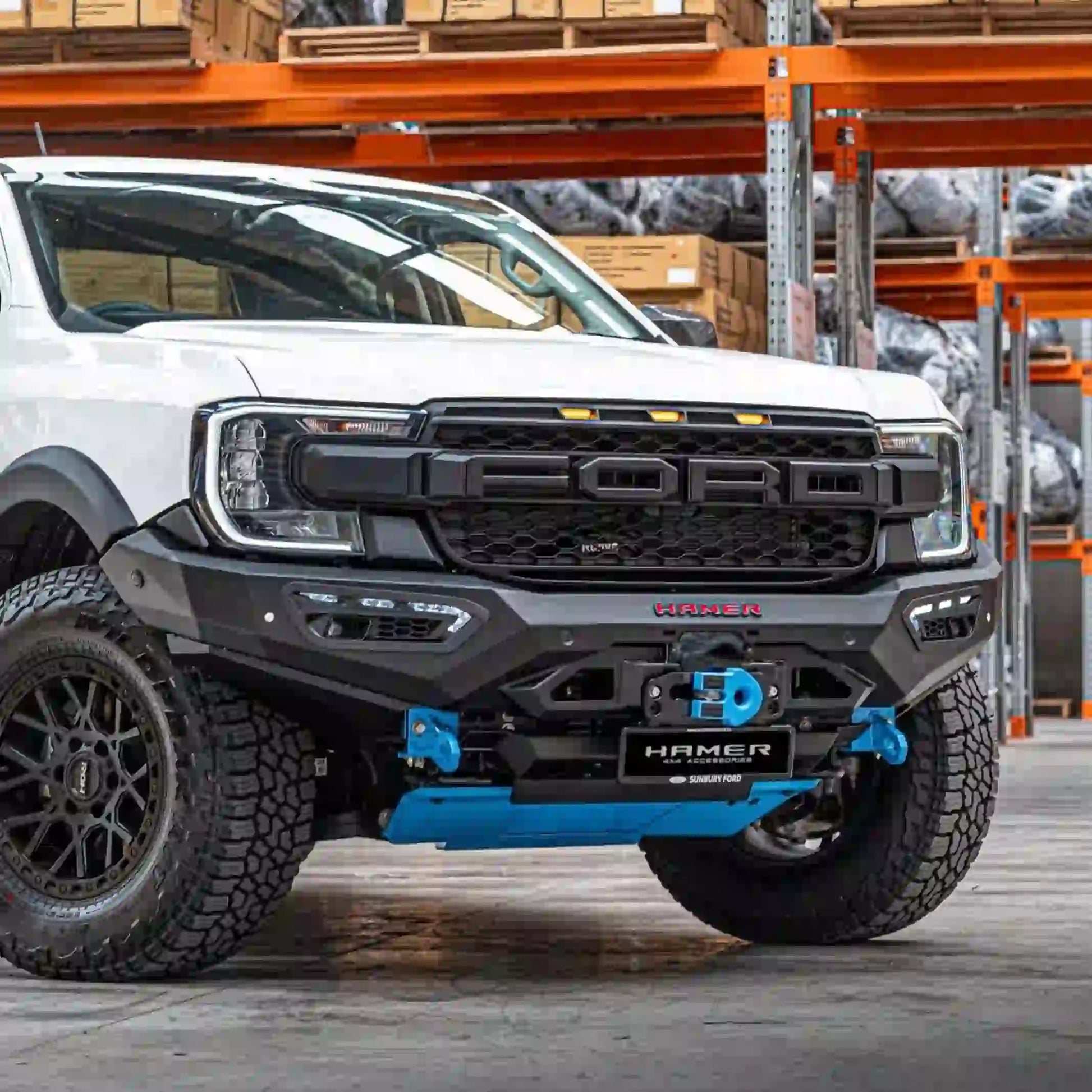 Front angle installed view of Atlas Series Bull Bar on Ford Ranger (2022–Present), highlighting winch compatibility, rated recovery points, and sleek matte black design by Elevated 4x4 Australia.