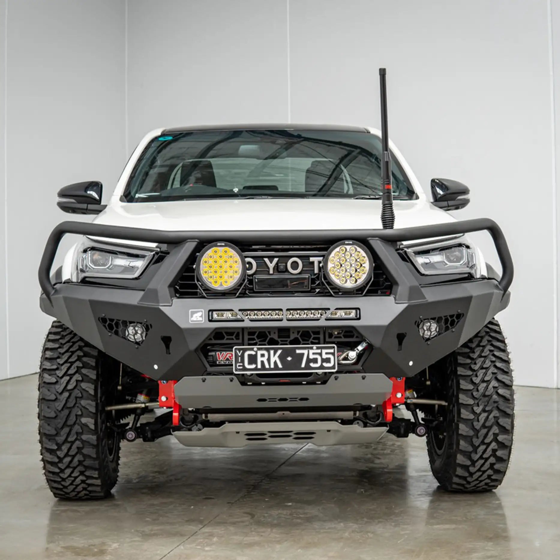 Close-up front view of the Offroad Animal Toro Bull Bar fitted to a Toyota Hilux GR Sport, highlighting its robust welds, precision design, and stealth light bar integration. Engineered by Elevated 4x4 for performance and safety, this bar provides superior durability and an aggressive edge for serious 4WD adventurers.