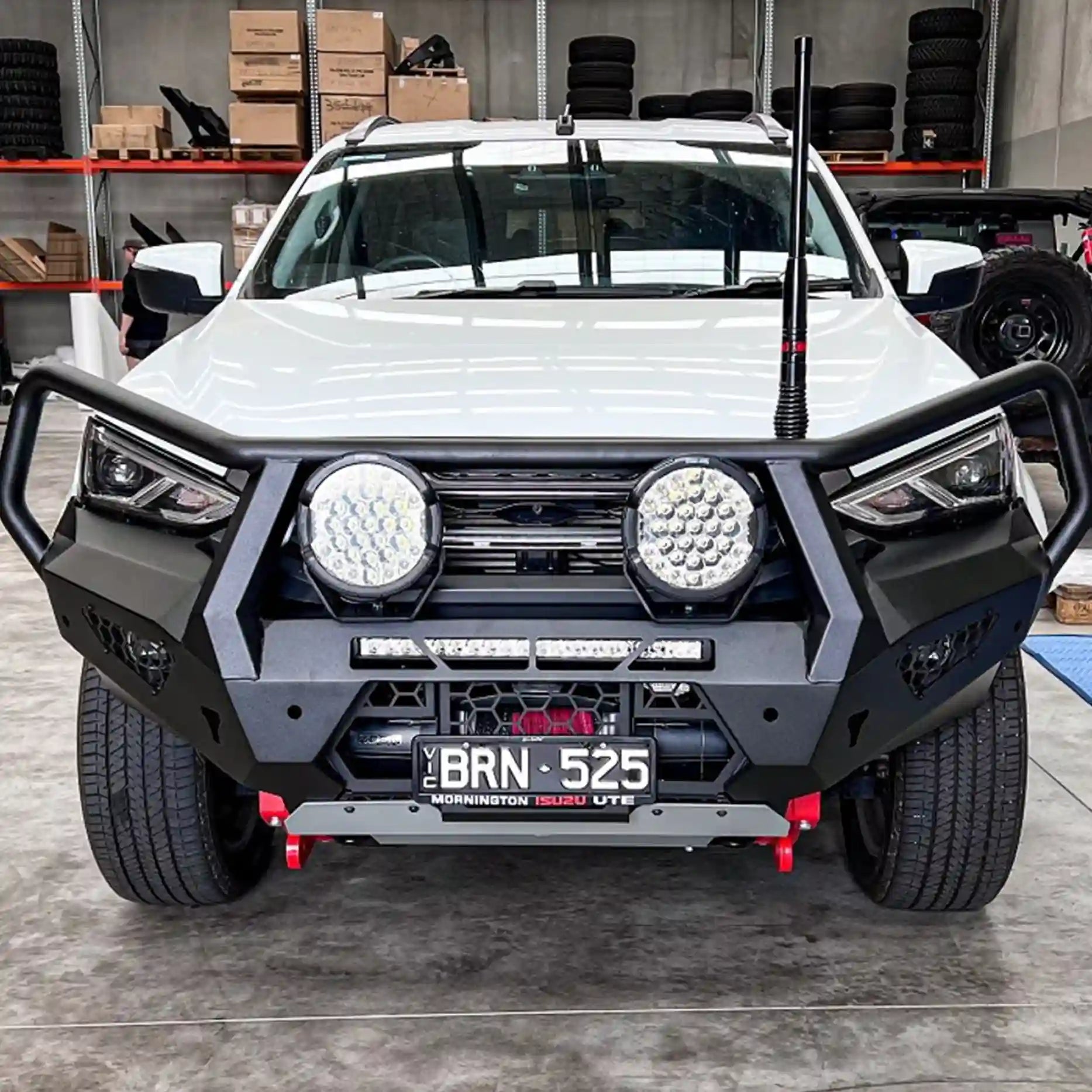 Front view of the Offroad Animal Toro Bull Bar in matte black, installed on a 2021–2024 Isuzu MU-X by Elevated 4x4. Designed for superior airflow, sensor compatibility, and tough off-road performance, this bull bar enhances both strength and style — a smart solution from Elevated 4x4 for Australia’s harshest 4WD conditions.