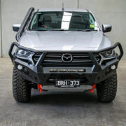 Front view of the Offroad Animal Toro Bull Bar installed on a Mazda BT-50 2021-on, highlighting its rugged design, superior airflow, and winch-ready fitment. Elevated 4x4 delivers a high-performance solution for Aussie drivers who demand protection, performance, and standout 4WD style on and off the road.