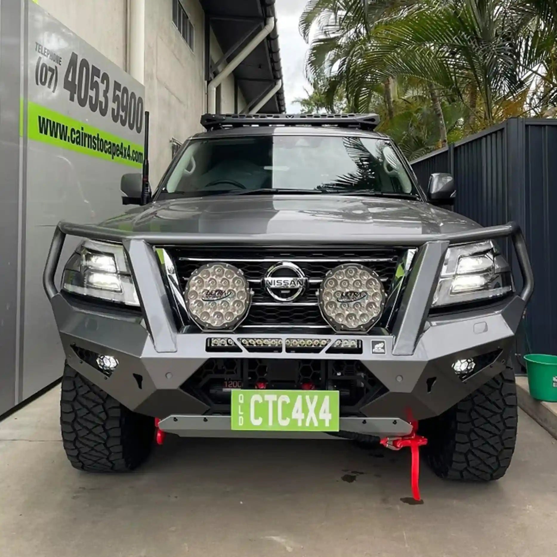 Front view of the Offroad Animal Toro Bull Bar on a Nissan Patrol Y62 Series 5, engineered by Elevated 4x4 for unmatched protection and rugged style. Featuring integrated recovery points, winch compatibility, and a steel one-piece design, it enhances both off-road durability and modern street appeal.
