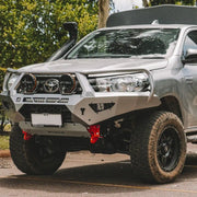 Front view of the Offroad Animal Toro Bull Bar fitted to a Toyota Hilux N80 (2015–2020), displaying its aggressive design, full-steel construction, and integrated recovery points. This premium bull bar by Elevated 4x4 provides superior protection, winch compatibility, and enhanced airflow — perfect for off-road adventures across Newcastle, Maitland, and the Hunter Valley.