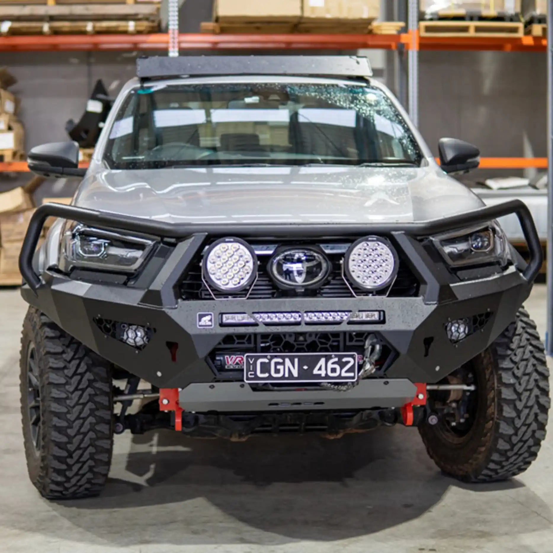 Front view of the Offroad Animal Toro Bull Bar installed on a Toyota Hilux Rogue Wide Body N80 (MY23), showcasing its aggressive design and premium steel construction. Engineered by Elevated 4x4, this ADR-compliant bar offers superior protection, airflow efficiency, and winch compatibility for rugged off-road use across Newcastle, Maitland, and the Hunter Valley.