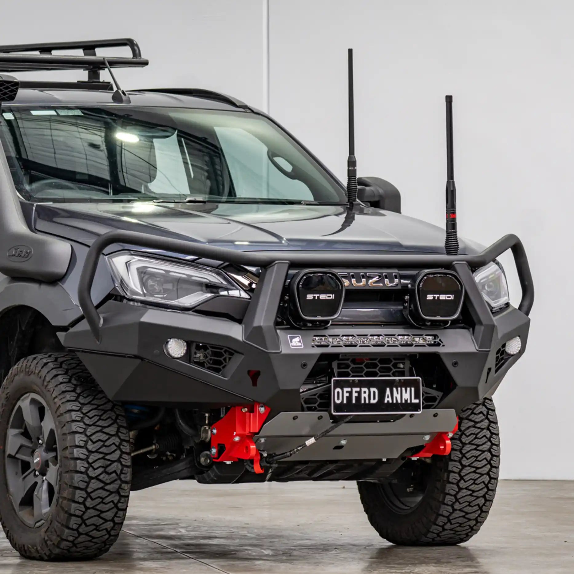 Left-angle view of the Offroad Animal Toro Bull Bar on a 2024 Isuzu D-MAX, highlighting LED light fitment and integrated recovery points. Engineered and installed by Elevated 4x4, this setup blends style with function — ideal for drivers wanting improved airflow, lighting capability, and road-legal protection for Australia’s toughest terrain.